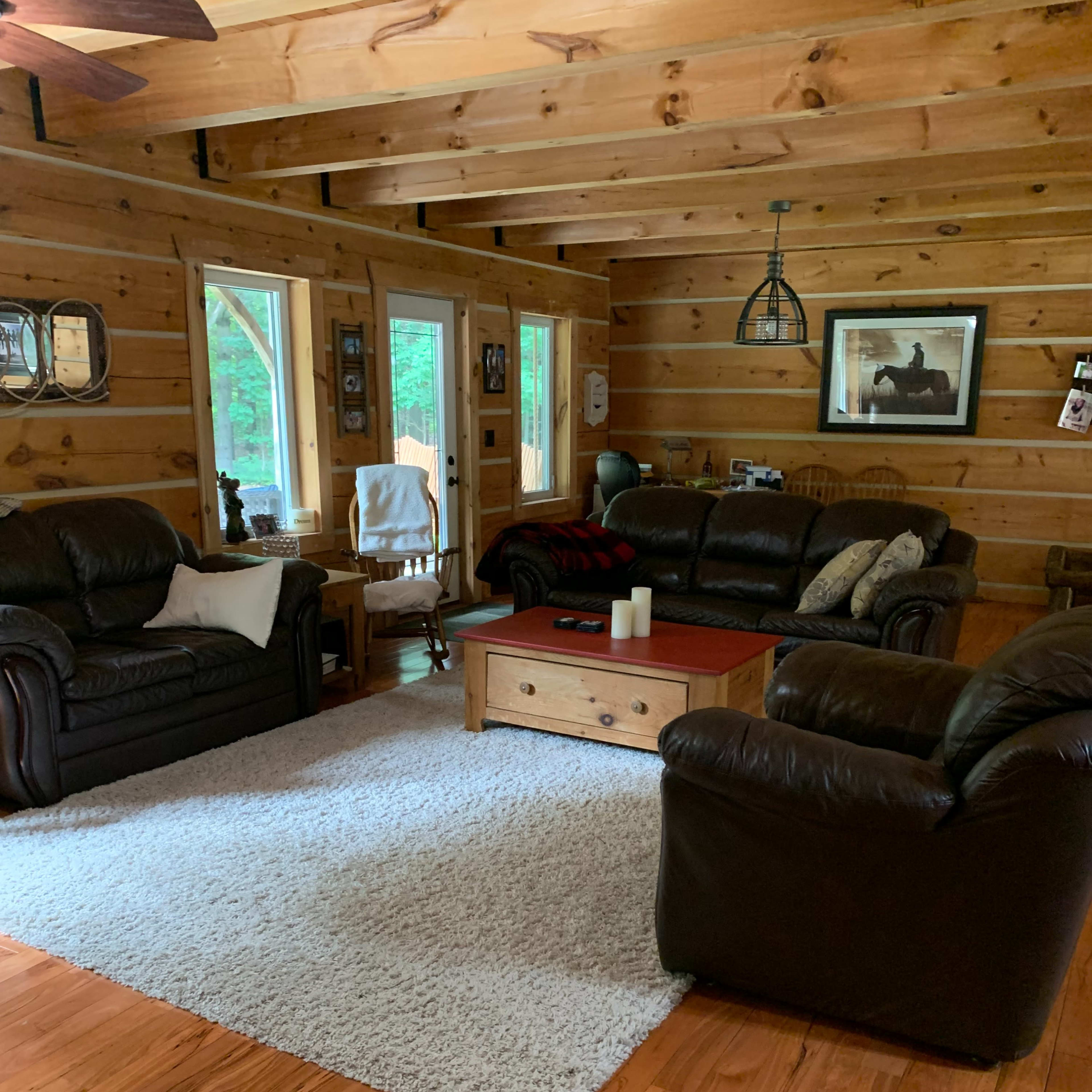 The room features wooden walls and flooring, with two leather sofas, a coffee table, and a large area rug, illuminated by natural light from large windows.