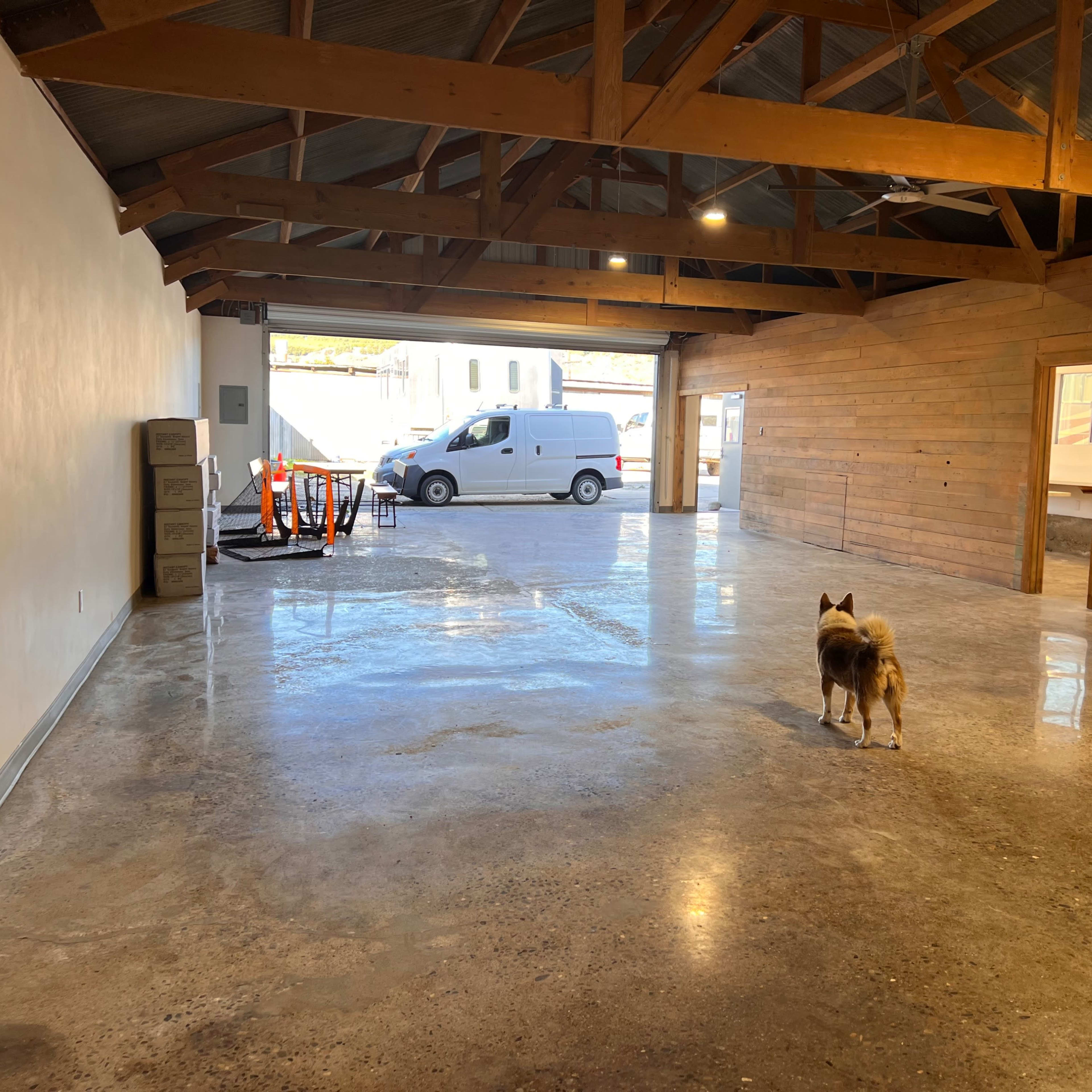 An empty room with polished concrete floors and wooden walls, featuring a dog standing near the center, while a white van is visible outside through an open door.