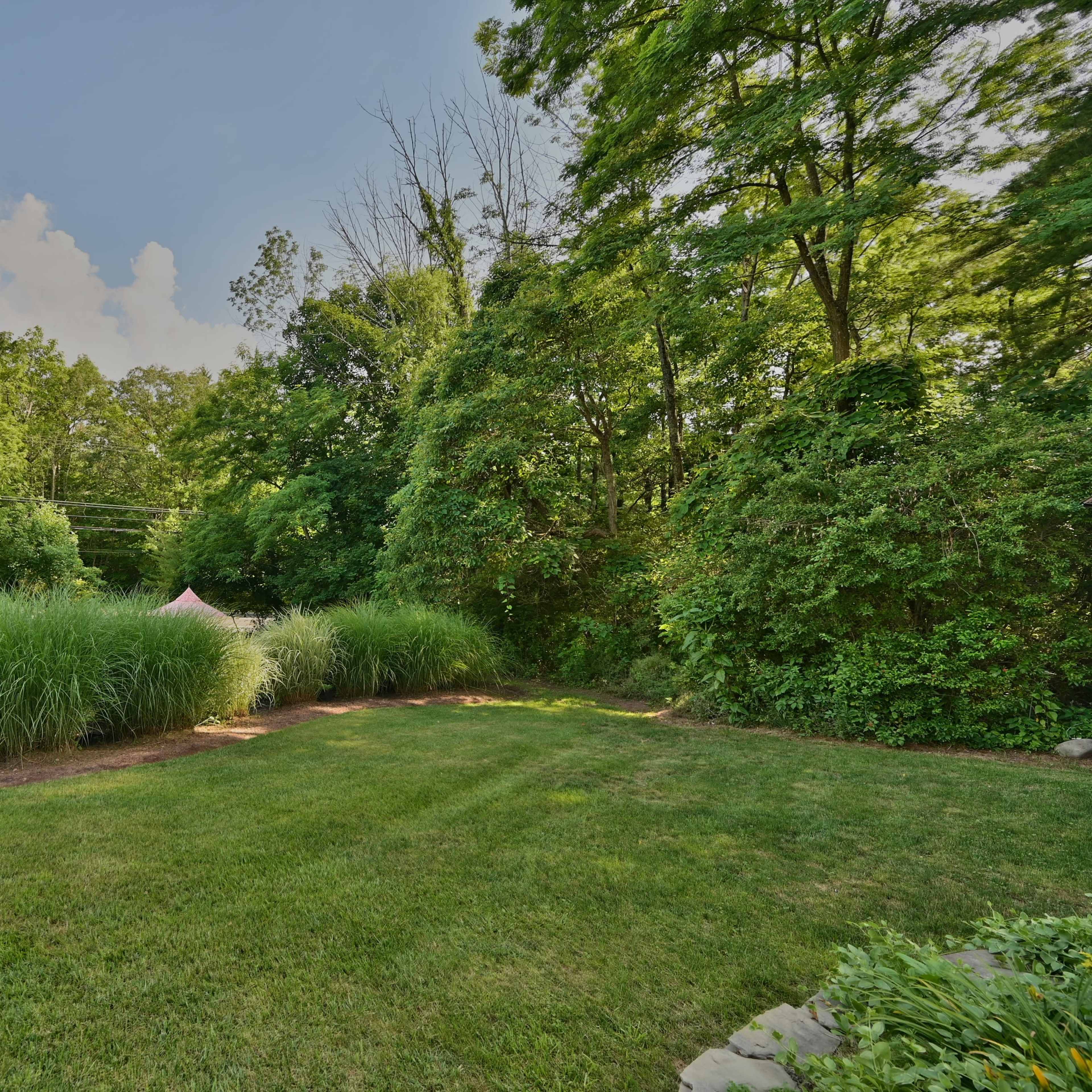 A lawn features neatly arranged bushes and tall grass against a backdrop of trees and a clear sky.