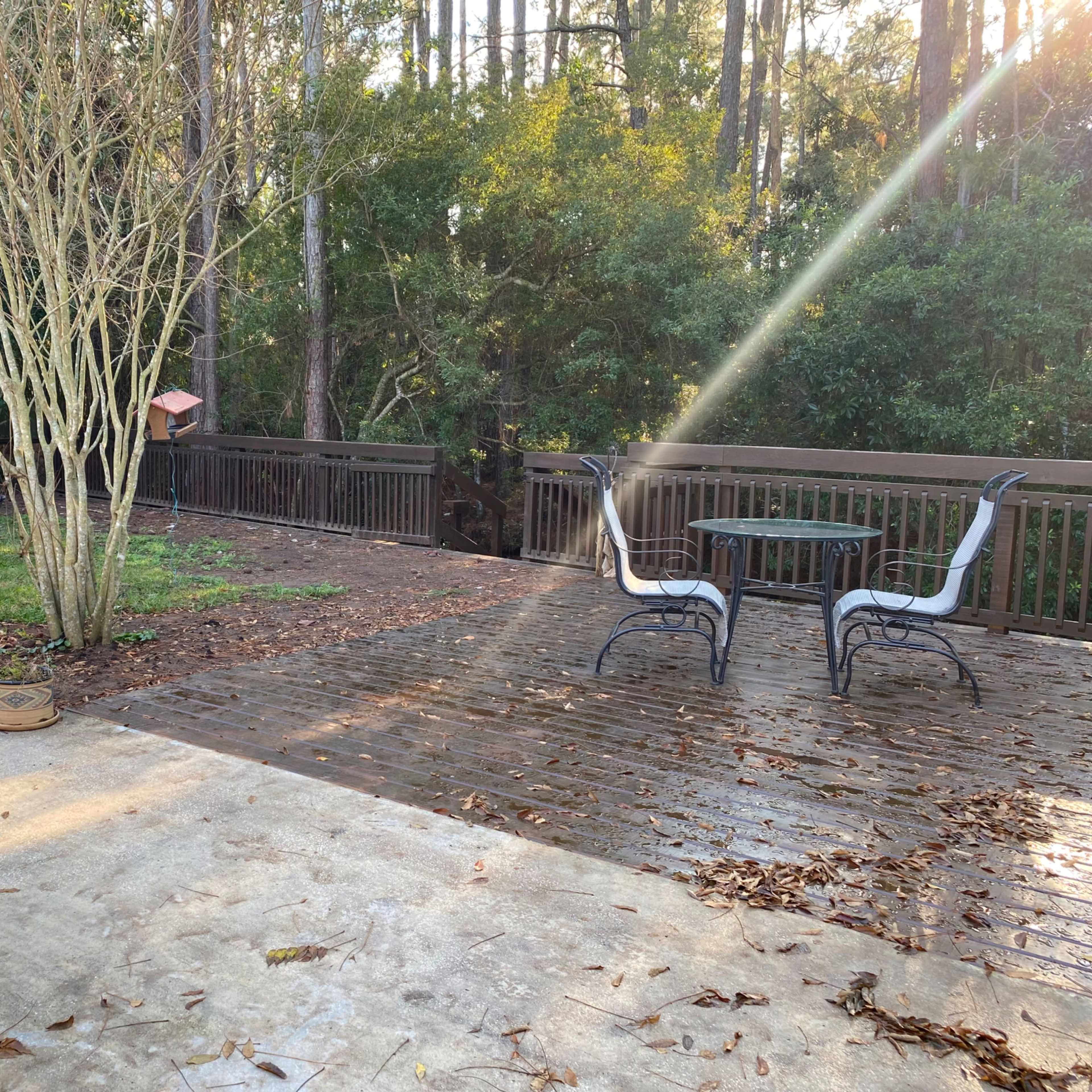 A patio area features a table and two chairs surrounded by trees and greenery.