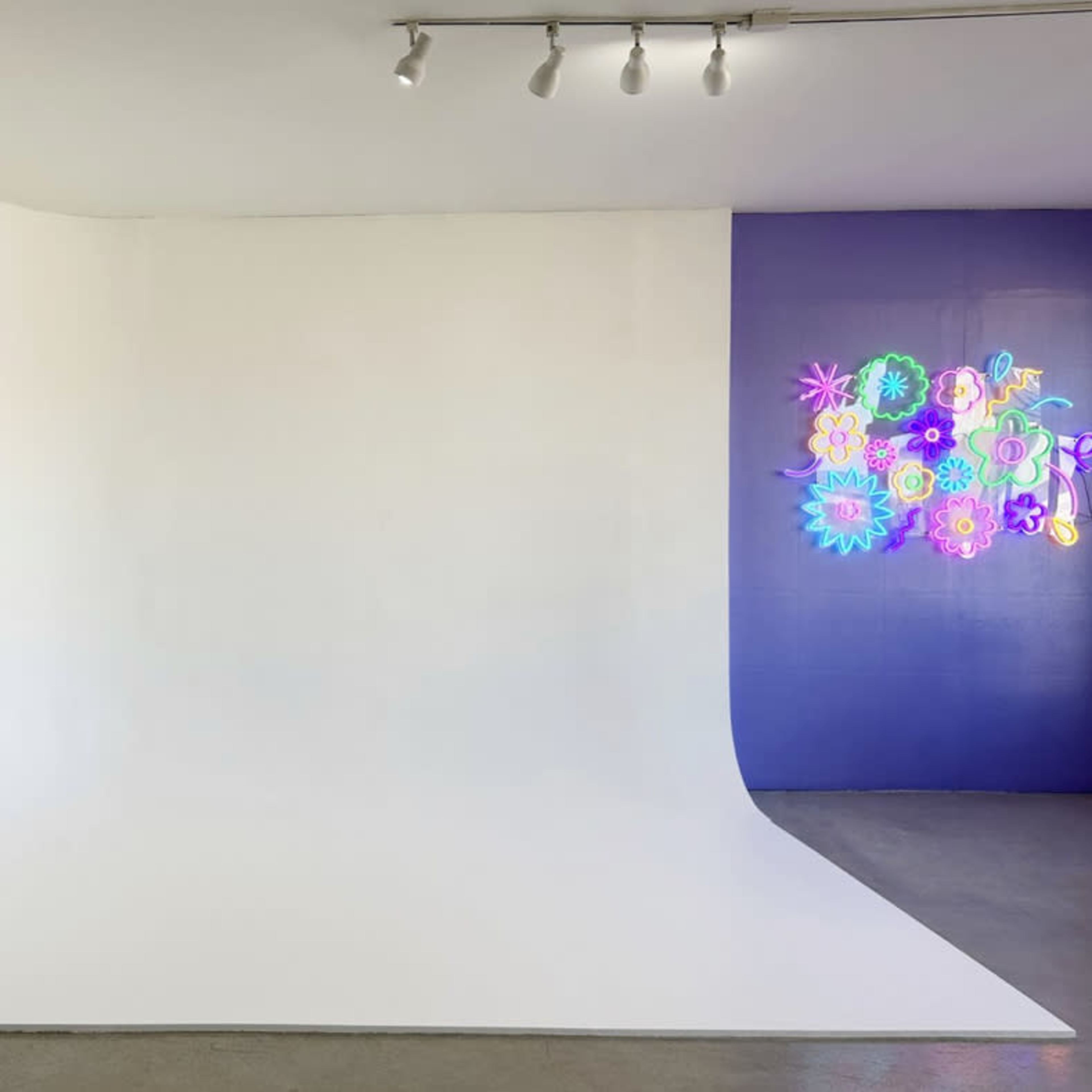 A studio space featuring a curved white backdrop and a colorful neon flower display on a blue wall.