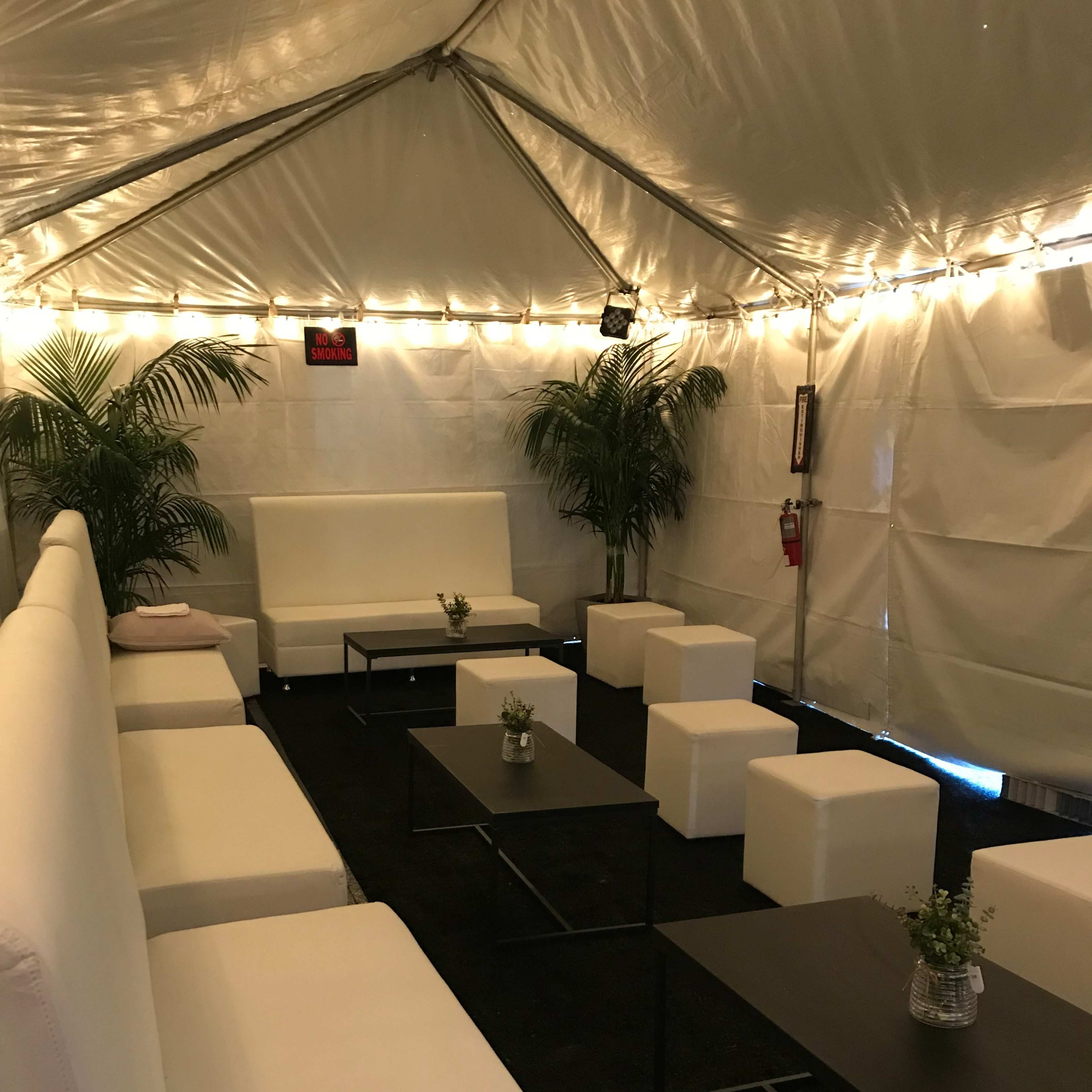 A white tent interior with several modern couches, low tables, and decorative plants arranged in a lounge setting.