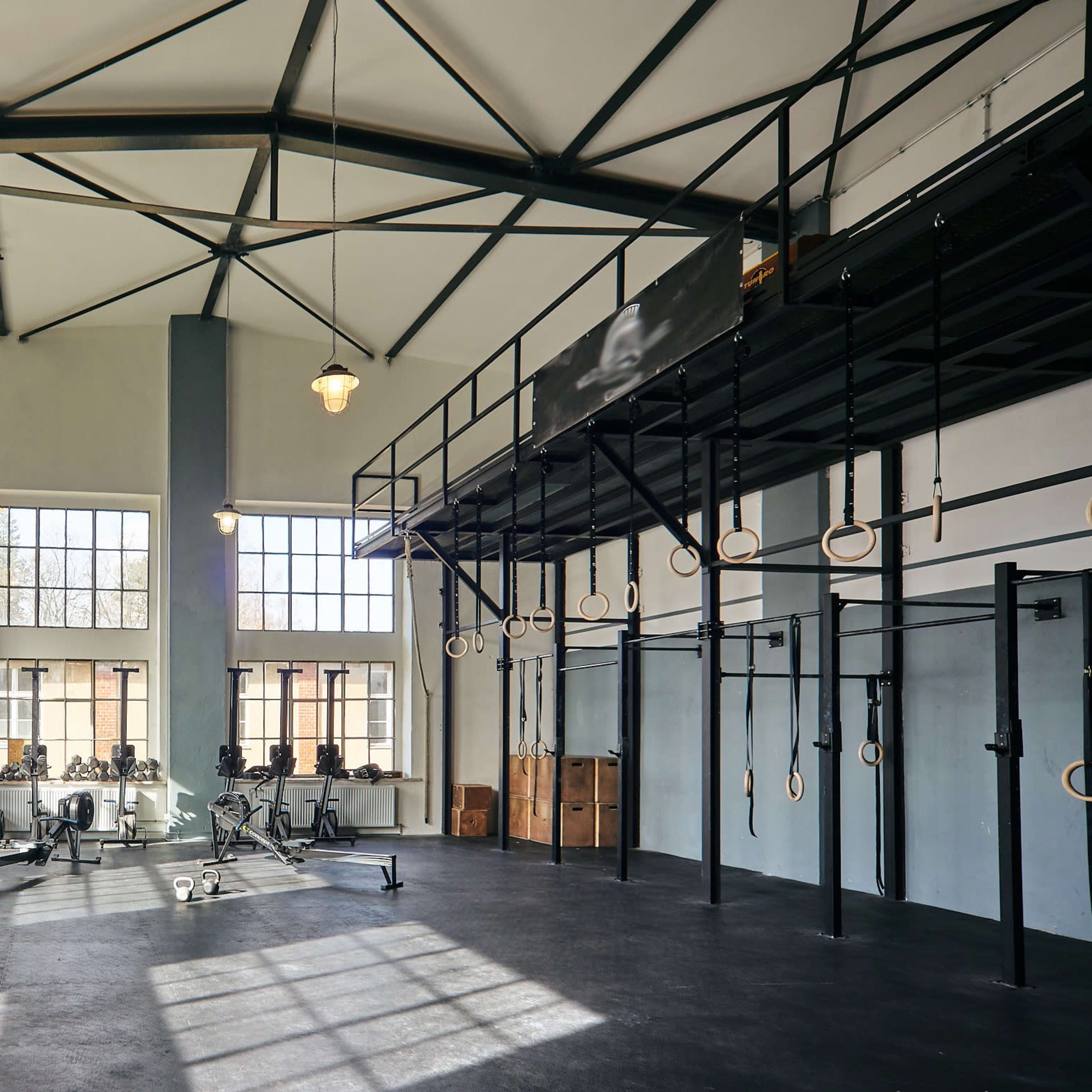 A spacious gym with large windows, fitness equipment, and a high ceiling with hanging ropes and gymnastic rings.