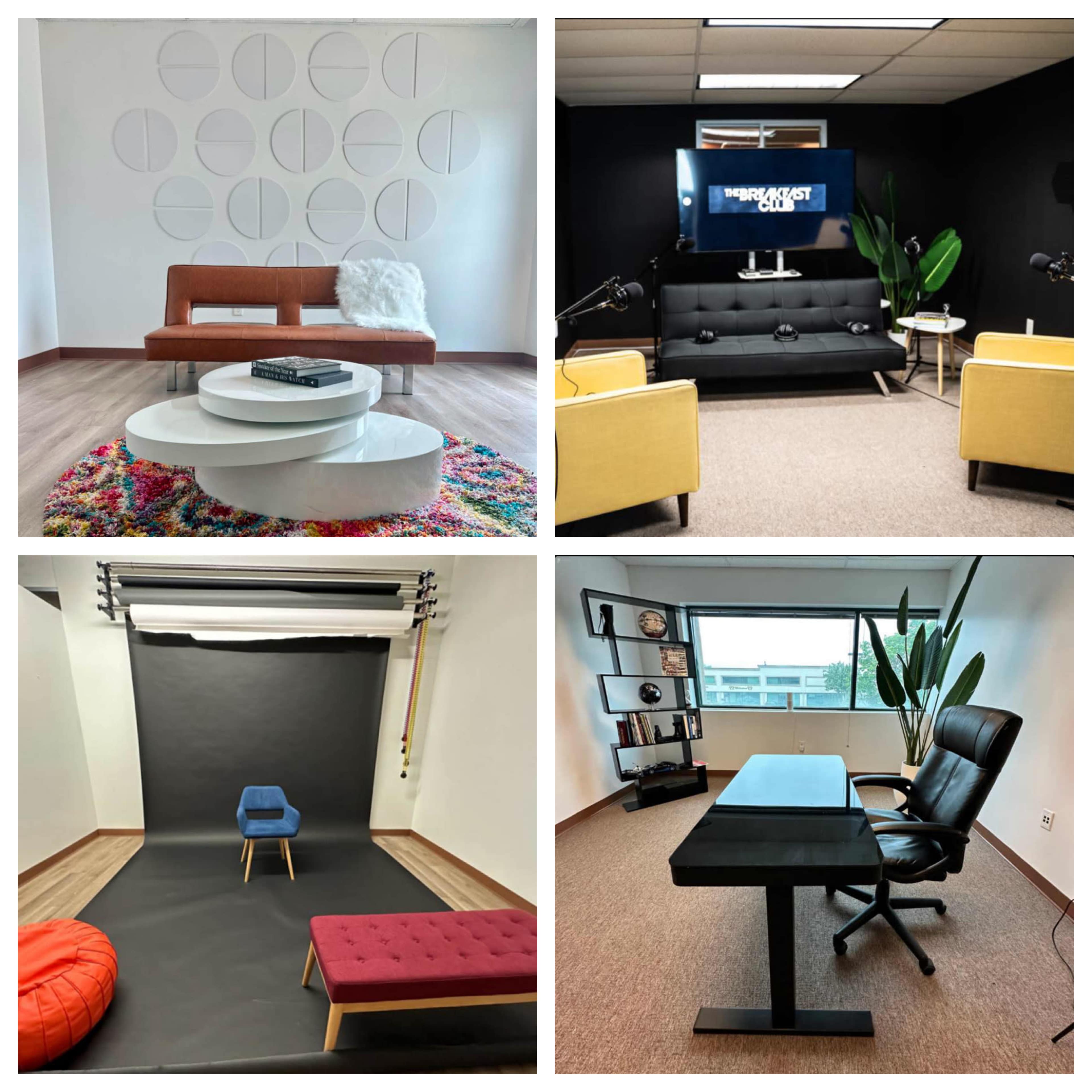 Four different interior settings, including a lounge area with a circular coffee table and colorful rug, a studio space with a black backdrop and seating, a modern office setup with a desk and chair, and a photography studio with a simple black background and furniture.