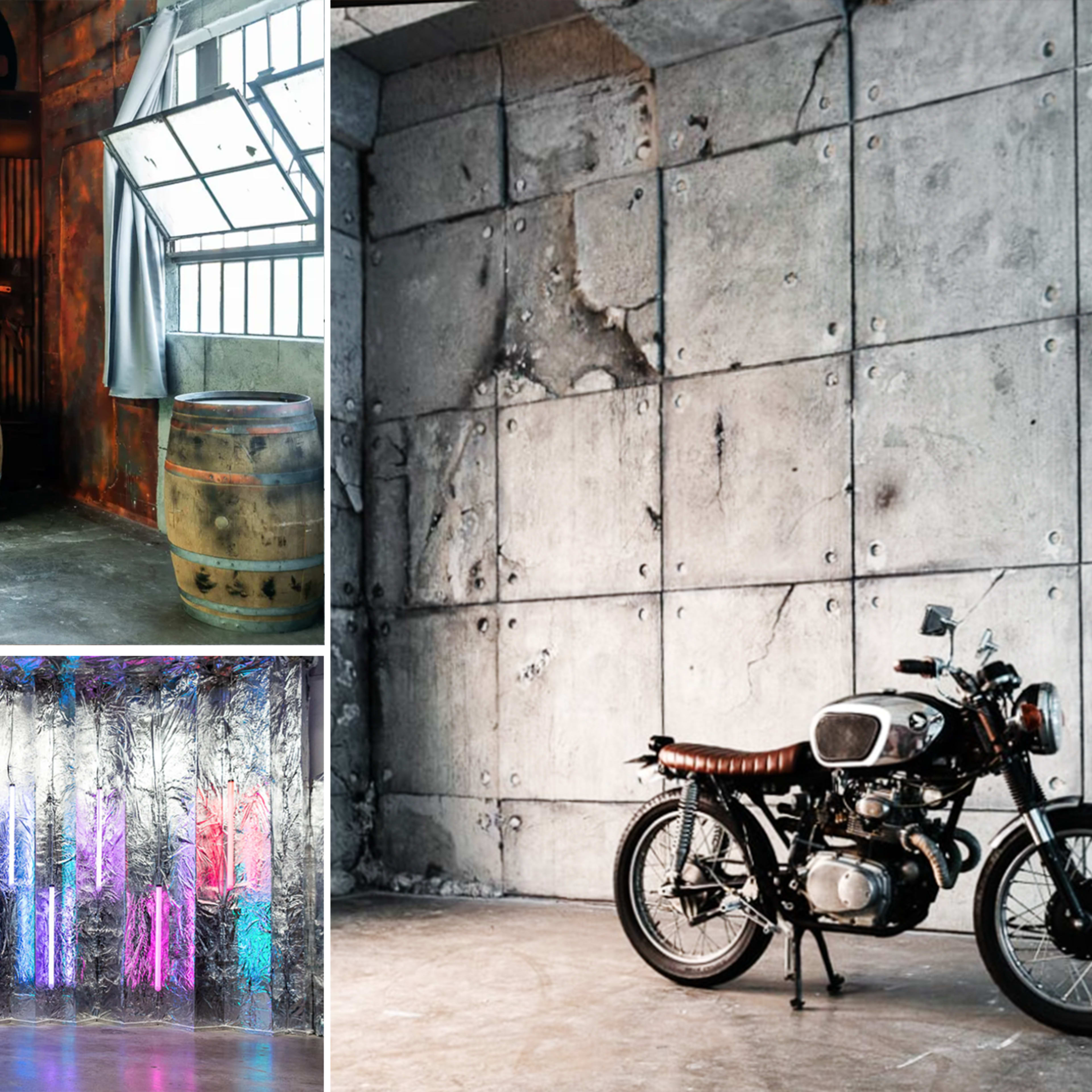 A collage of three scenes: an industrial room with a weathered wall, a vintage motorcycle beside a textured concrete wall, and a brightly lit area with colorful illuminated panels.
