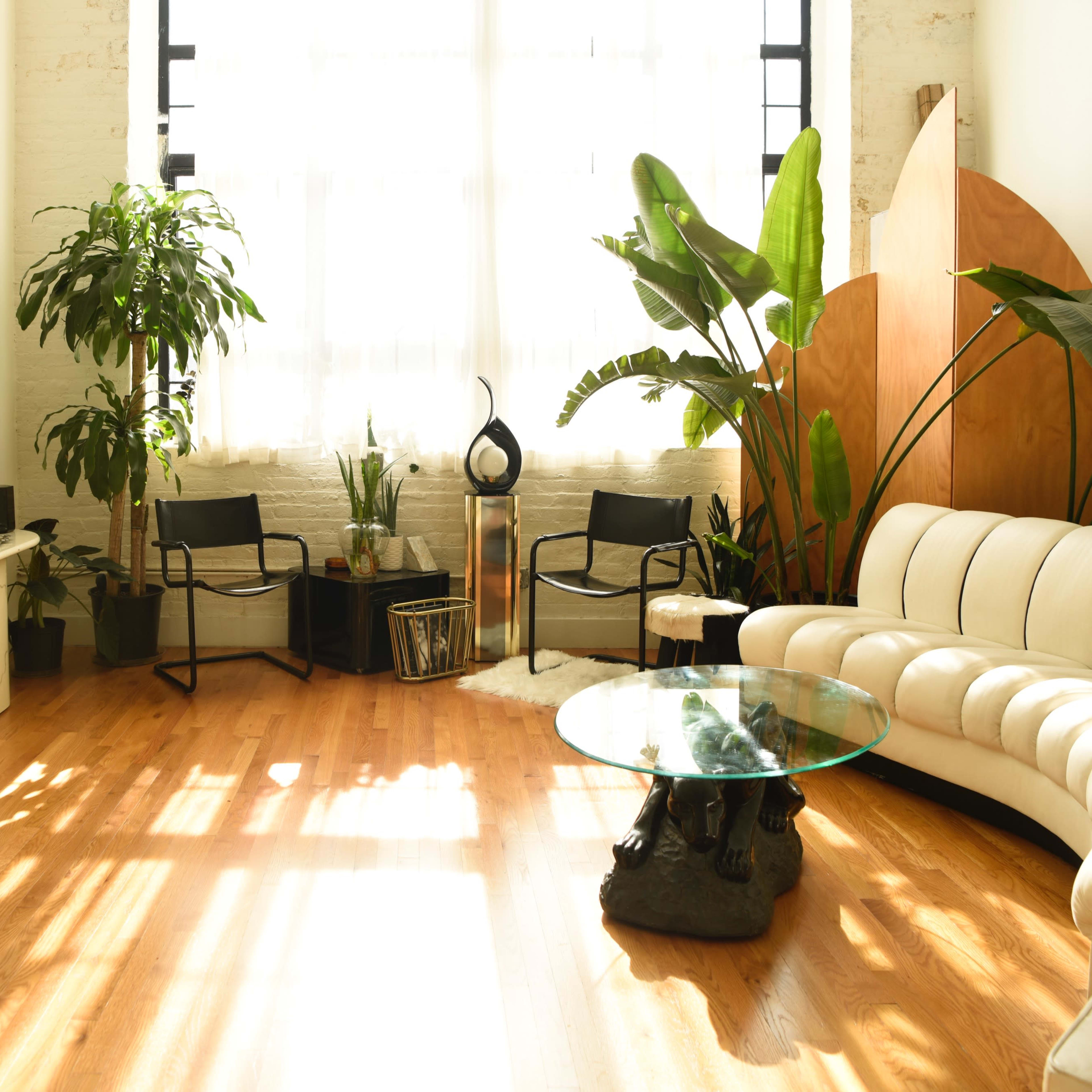 A bright living room features a white curved sofa, a glass coffee table, plants, and wooden accents, with large windows allowing natural light to fill the space.