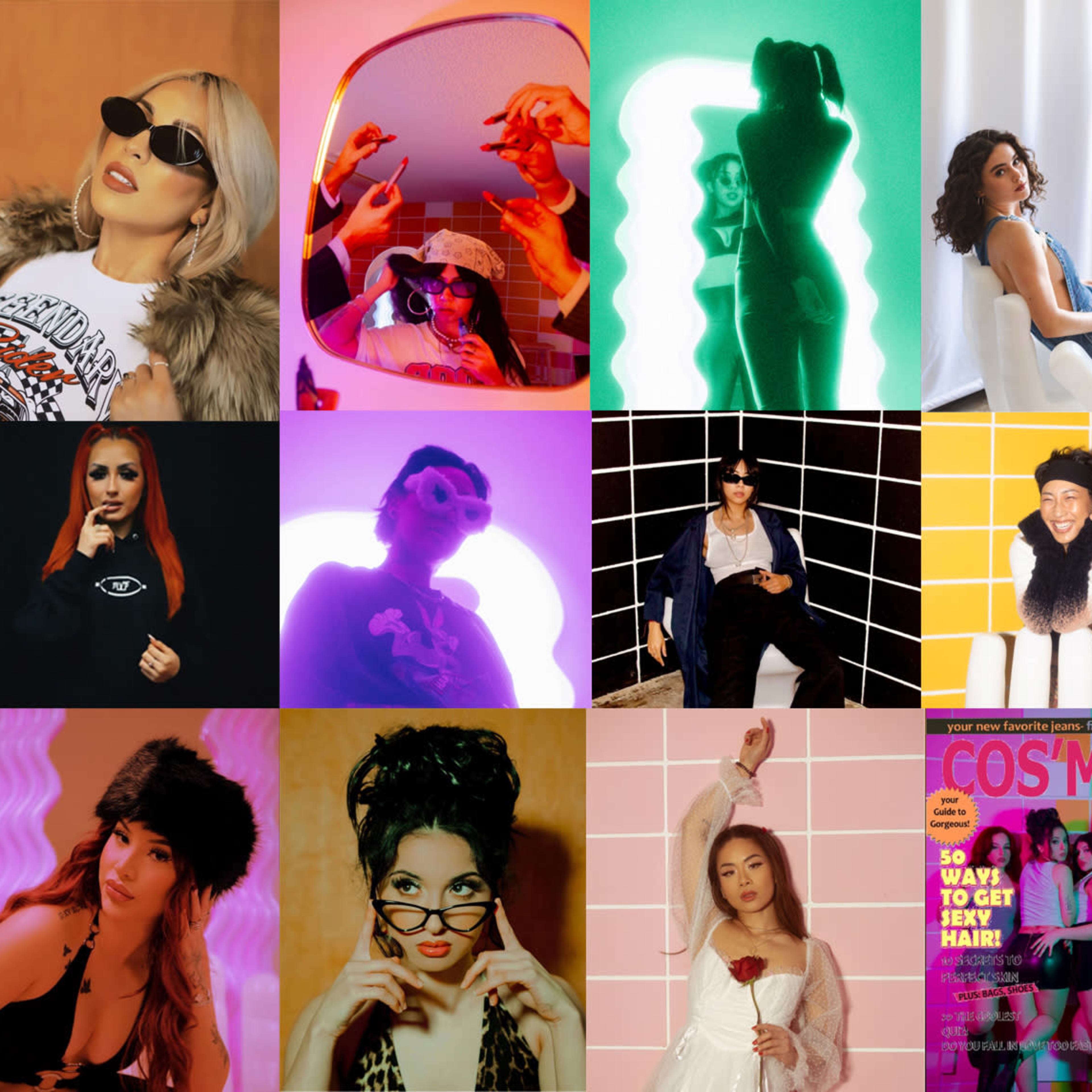 A collage of diverse portraits featuring individuals posing in various colorful and styled backgrounds, each with unique fashion choices and expressions.