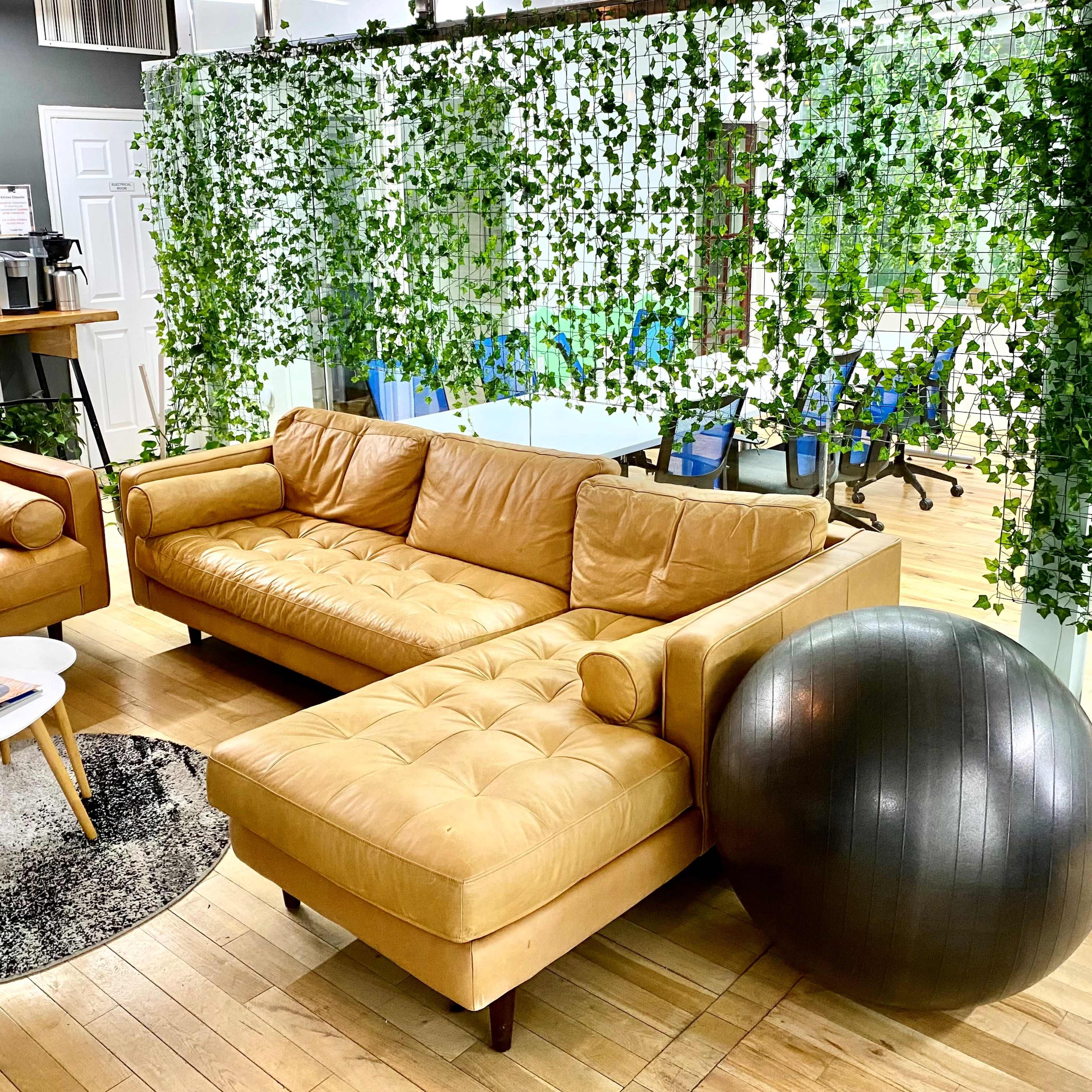 A modern lounge area features a tan leather sectional sofa, a black exercise ball, and a round table on a patterned rug, surrounded by greenery.