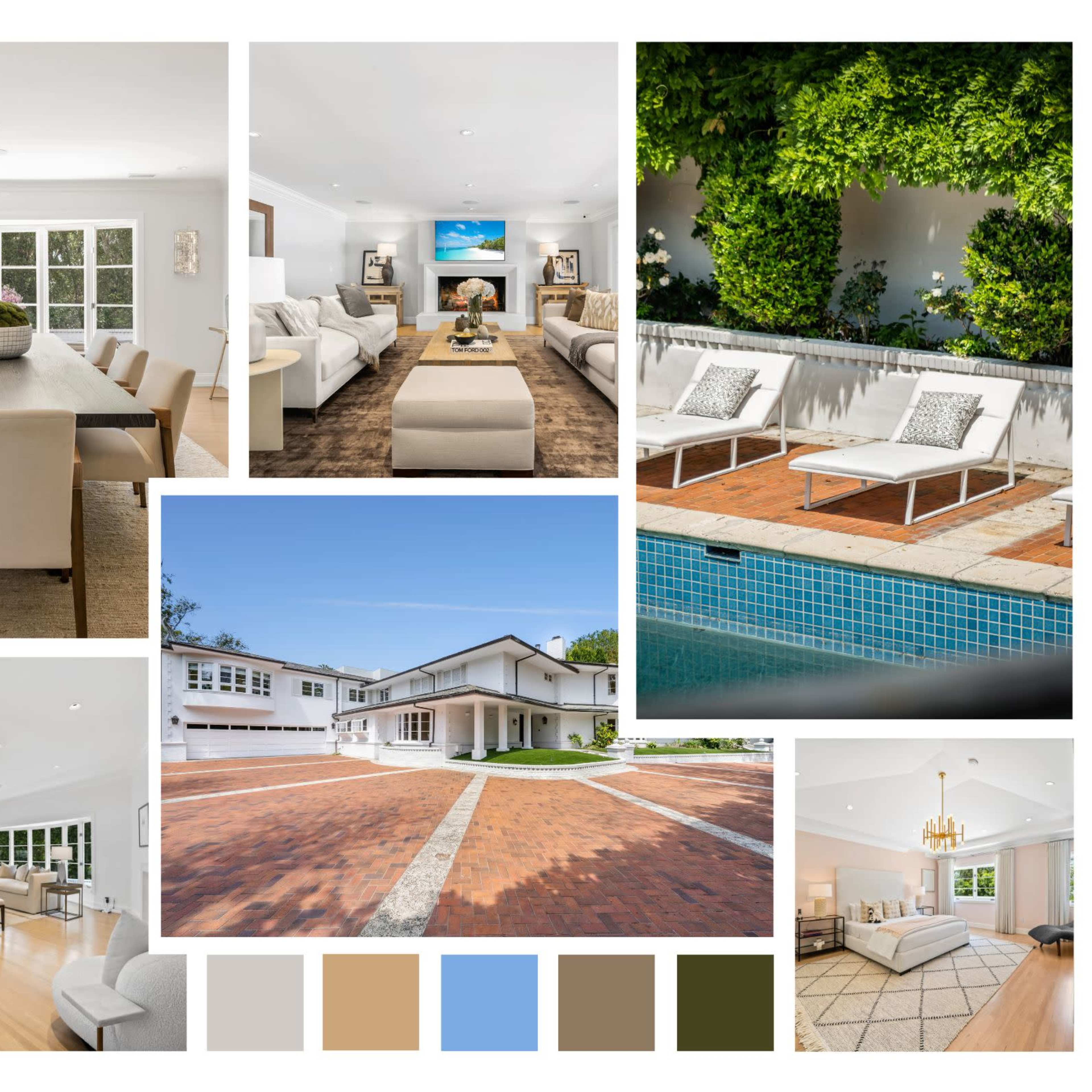 A modern home featuring a spacious dining area, a bright living room, an outdoor pool, and a brick-paved driveway.