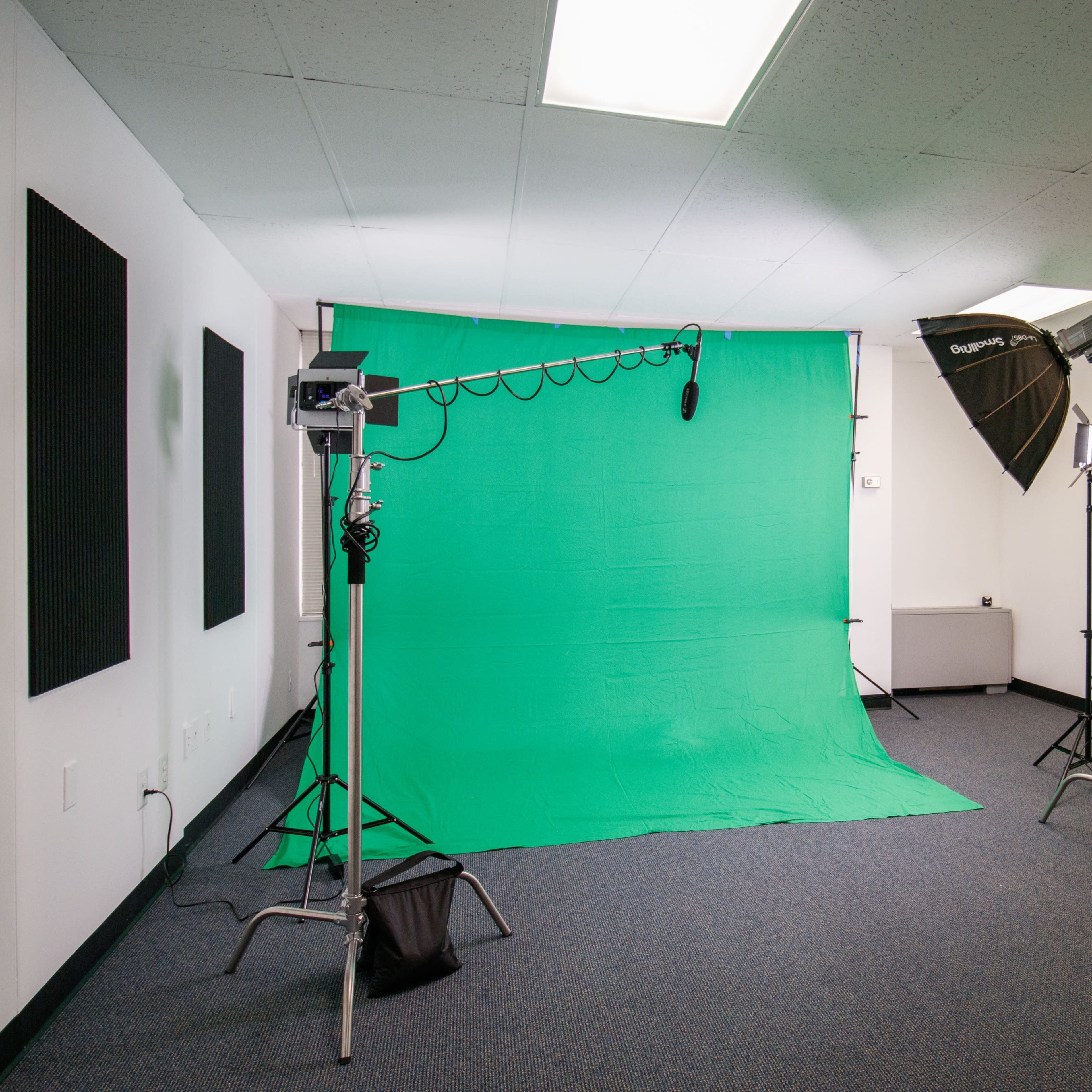 The room features a green backdrop set up for filming, flanked by lighting equipment on either side.