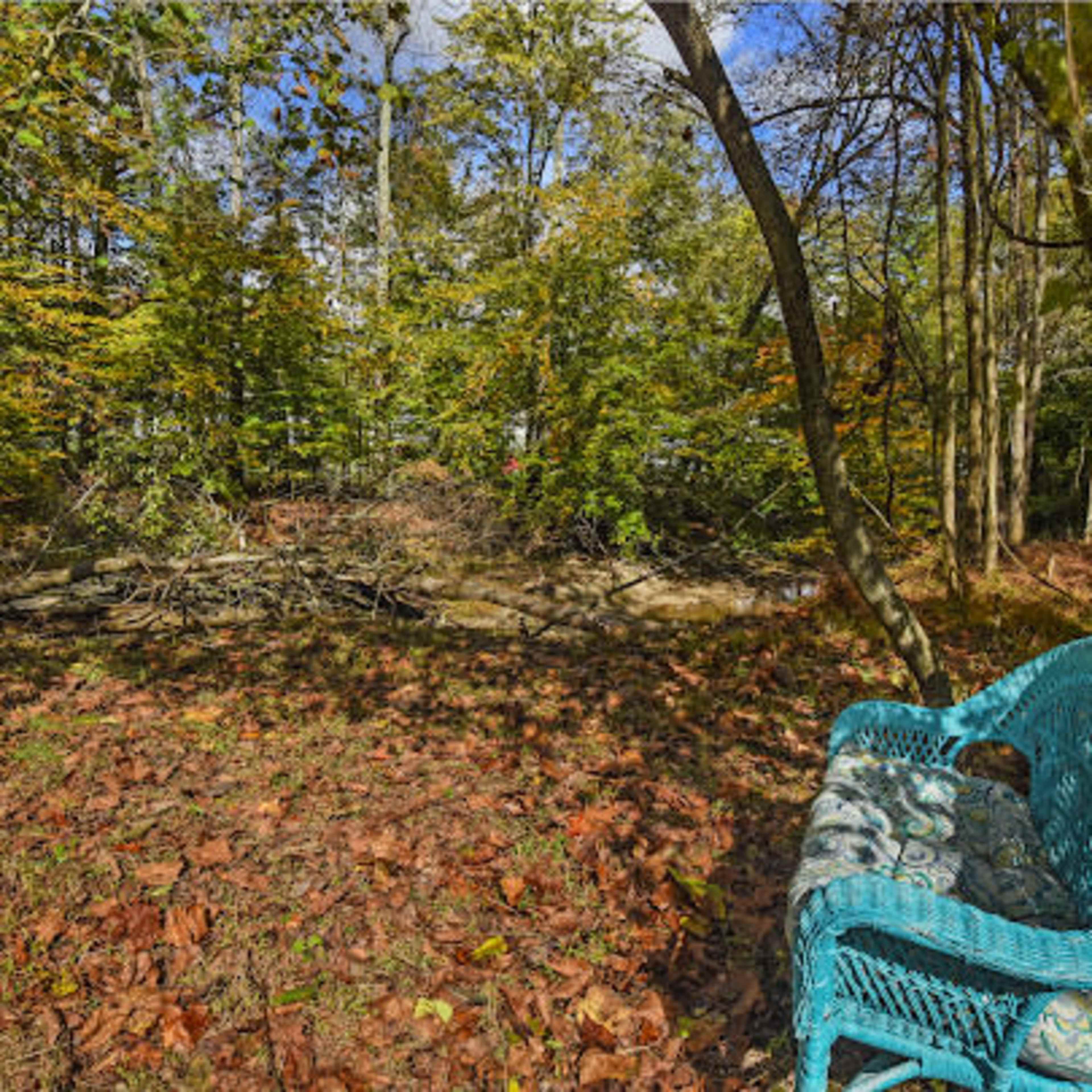 A turquoise wicker bench sits among fallen leaves in a wooded area.