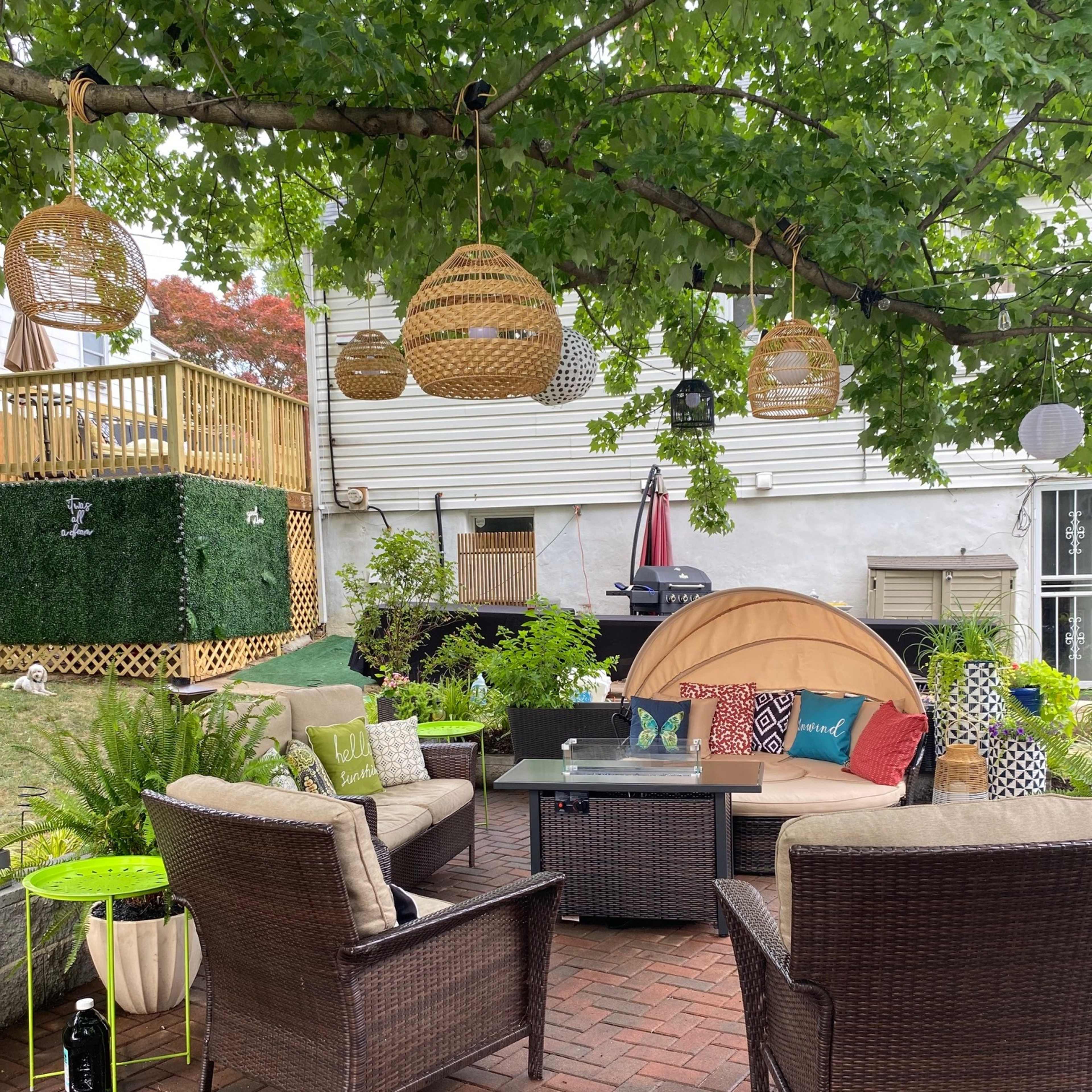 The scene shows an outdoor gathering area with a sign reading "The Backyard Debauchery," surrounded by colorful flowers and greenery.