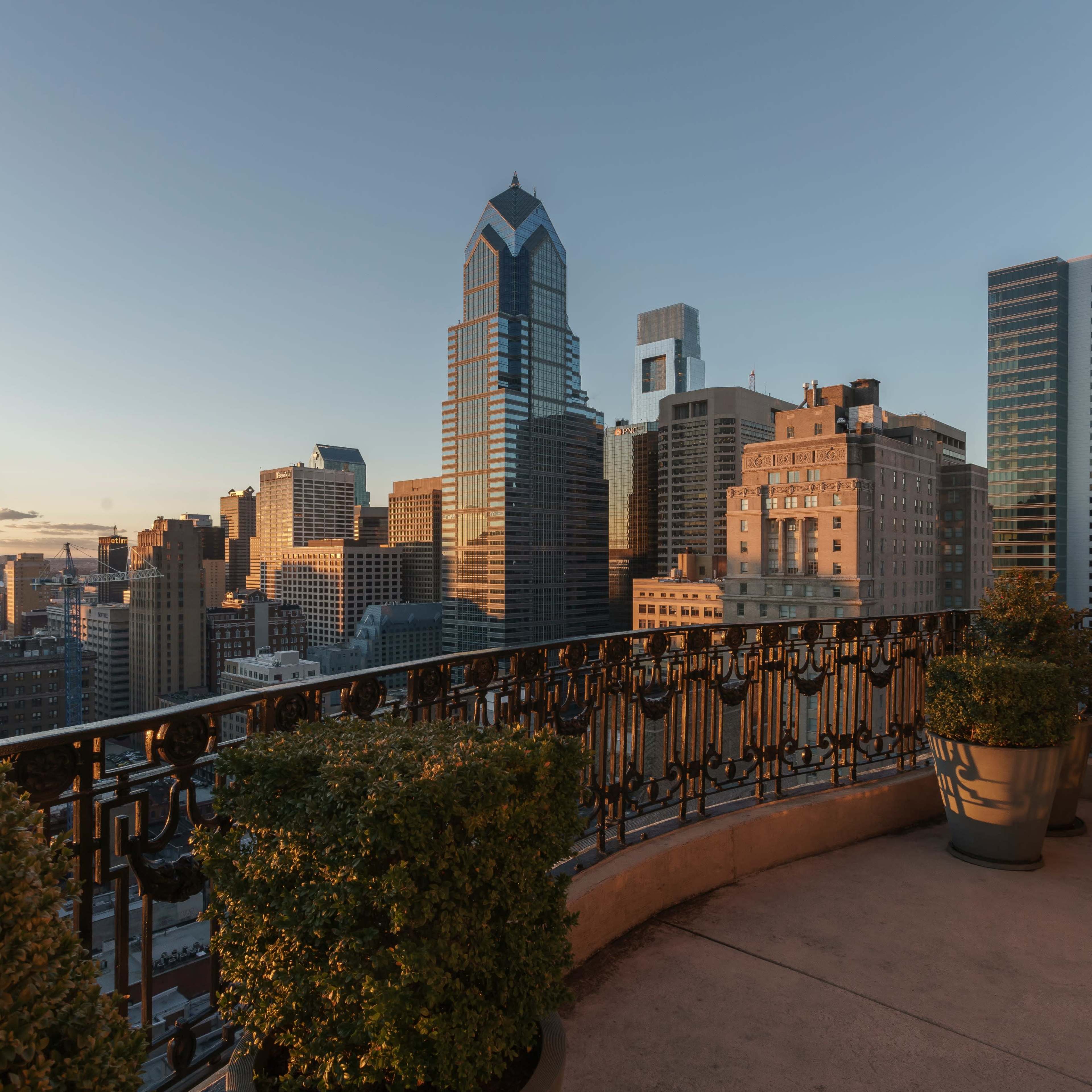 A balcony with potted plants overlooking a skyline of tall buildings in a city at sunset.
