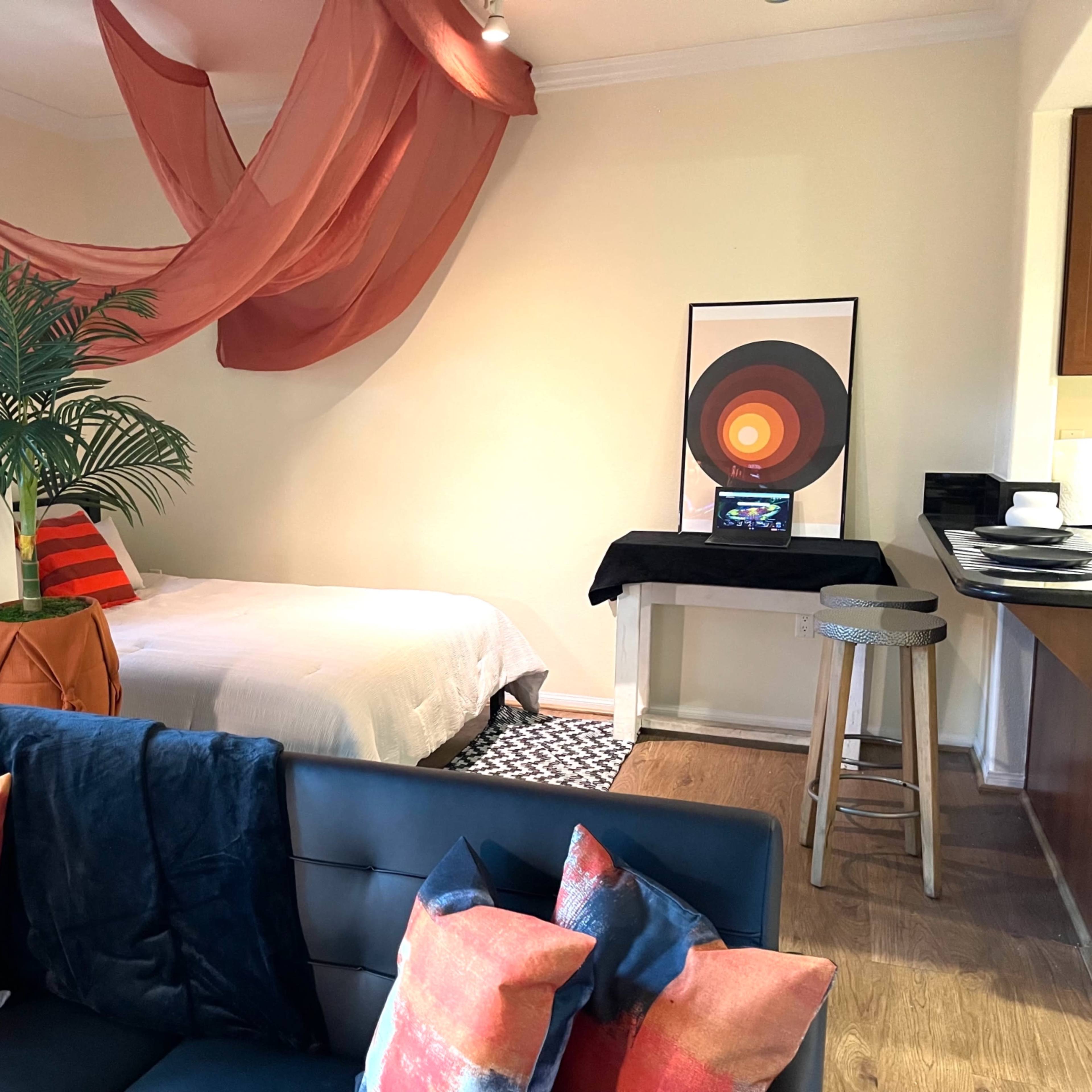 A room with a bed draped in fabric, a potted plant, a patterned rug, a black table, and a couch with colorful pillows.