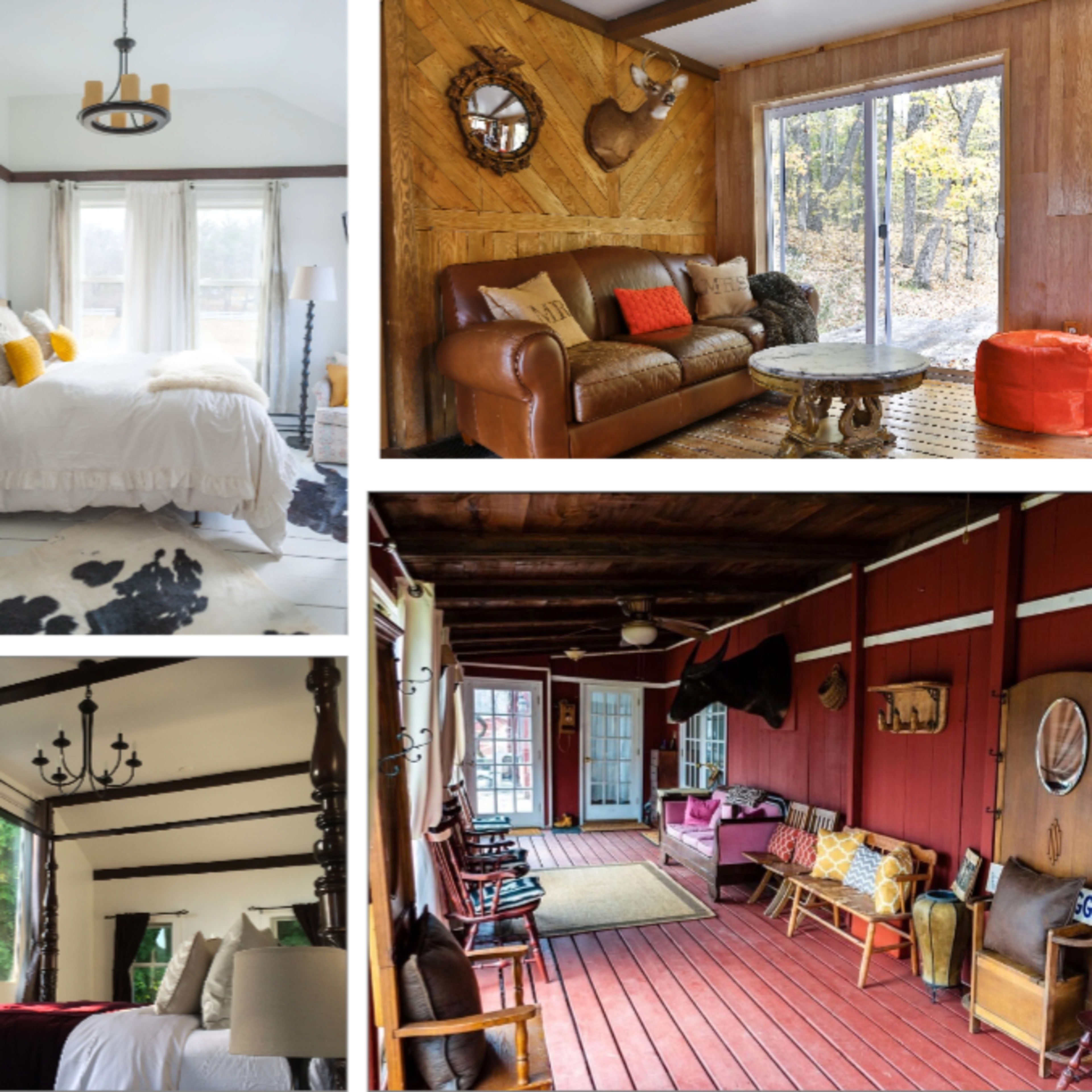 Four distinct interior spaces, including a bedroom with a bed and a cowhide rug, a living room with leather sofas and decorative antlers, a sunlit room with large windows, and a rustic space featuring wooden floors and seating.