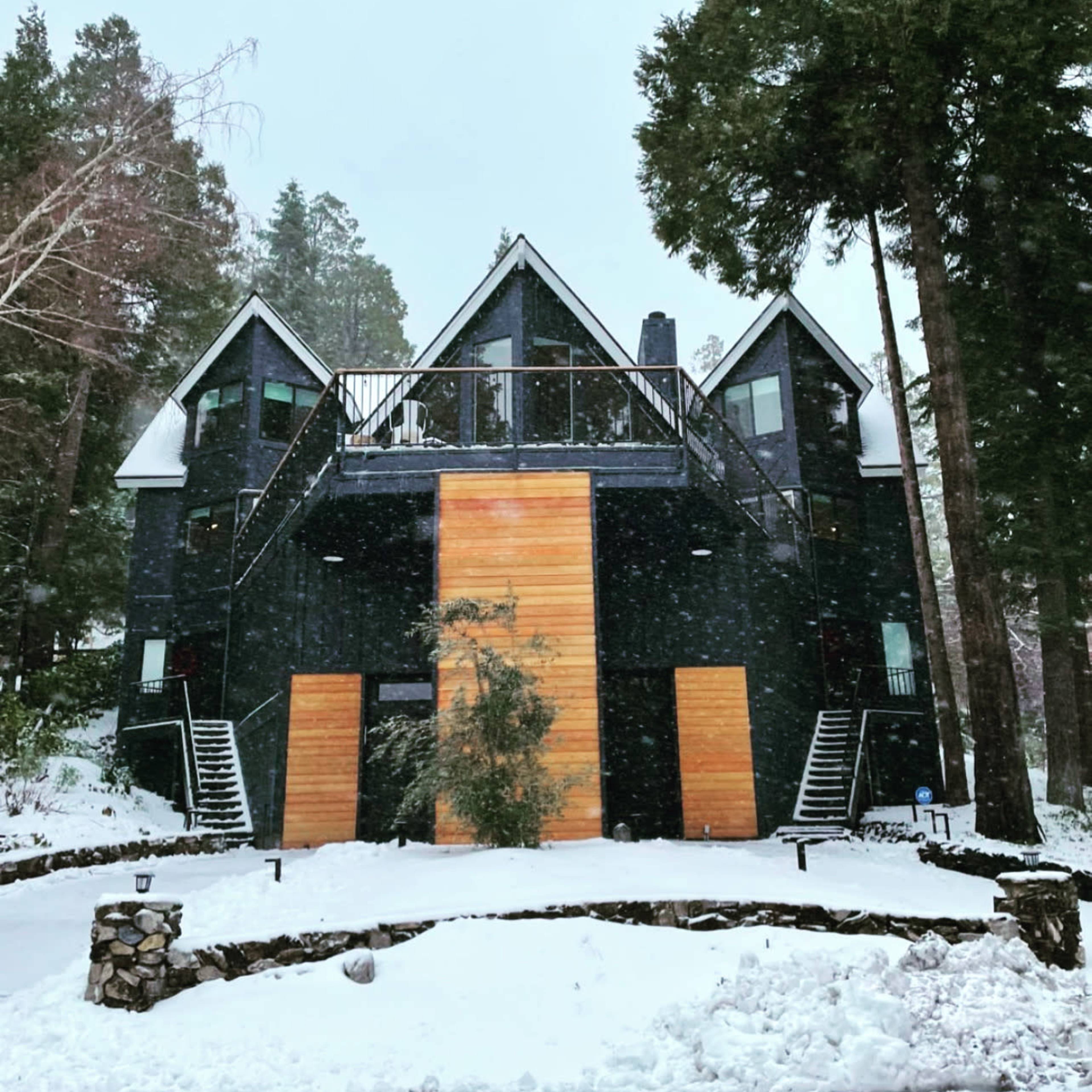 A modern, dark-colored house with an A-frame roof is situated in a snowy landscape, surrounded by pine trees.