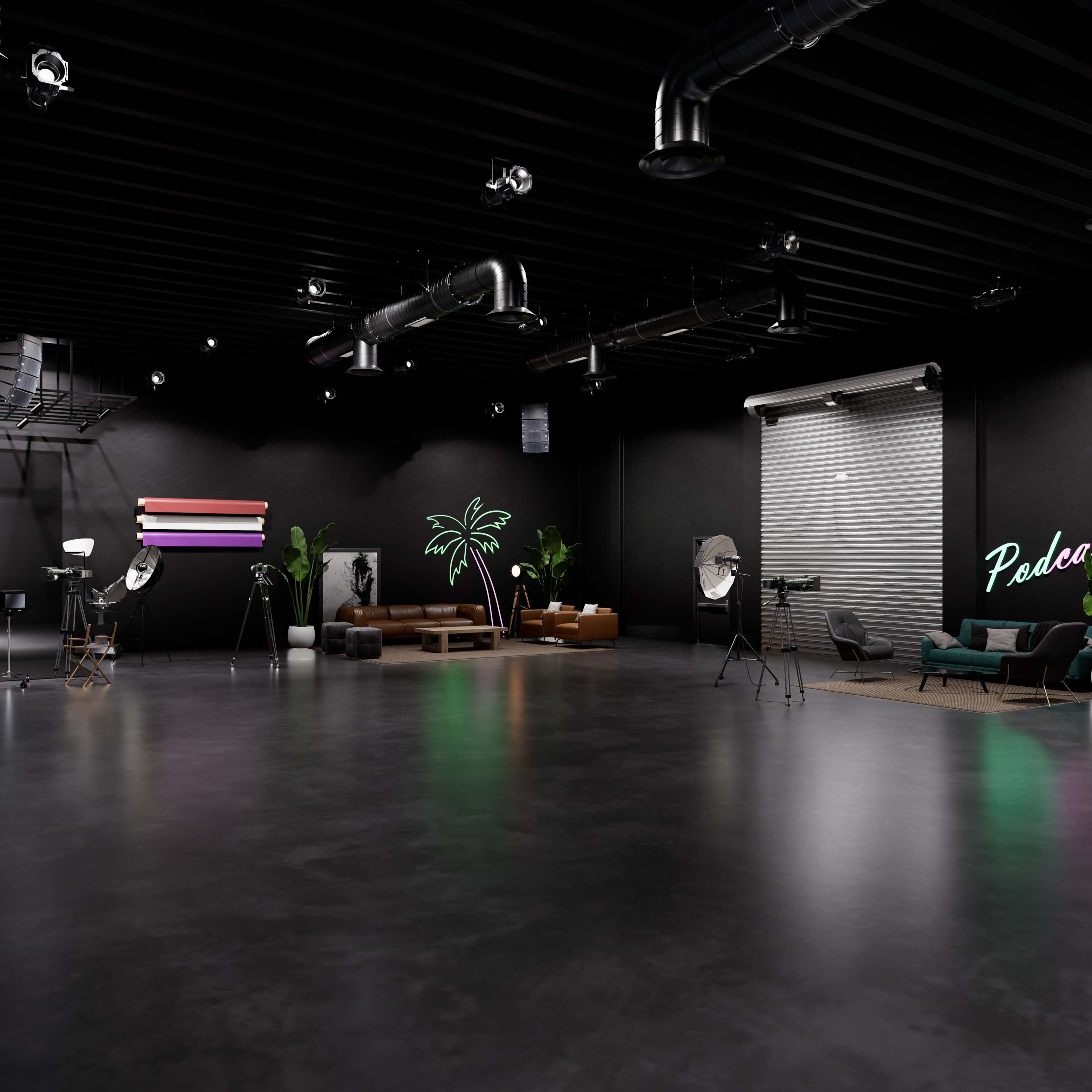 A modern podcast studio with dark walls, a polished floor, large studio lights, and seating areas decorated with plants.