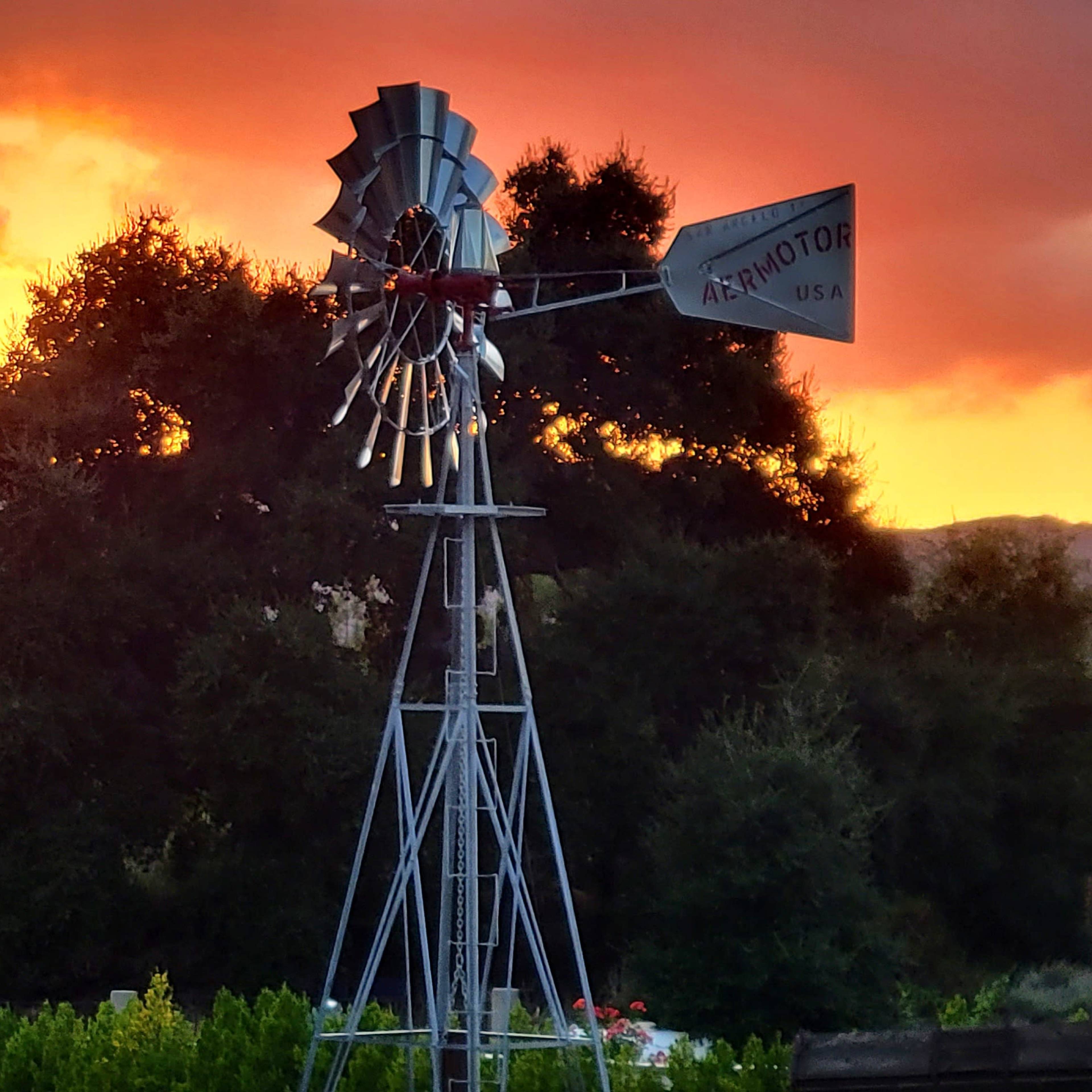 A metal windmill stands against a colorful sunset, with dark trees in the background.