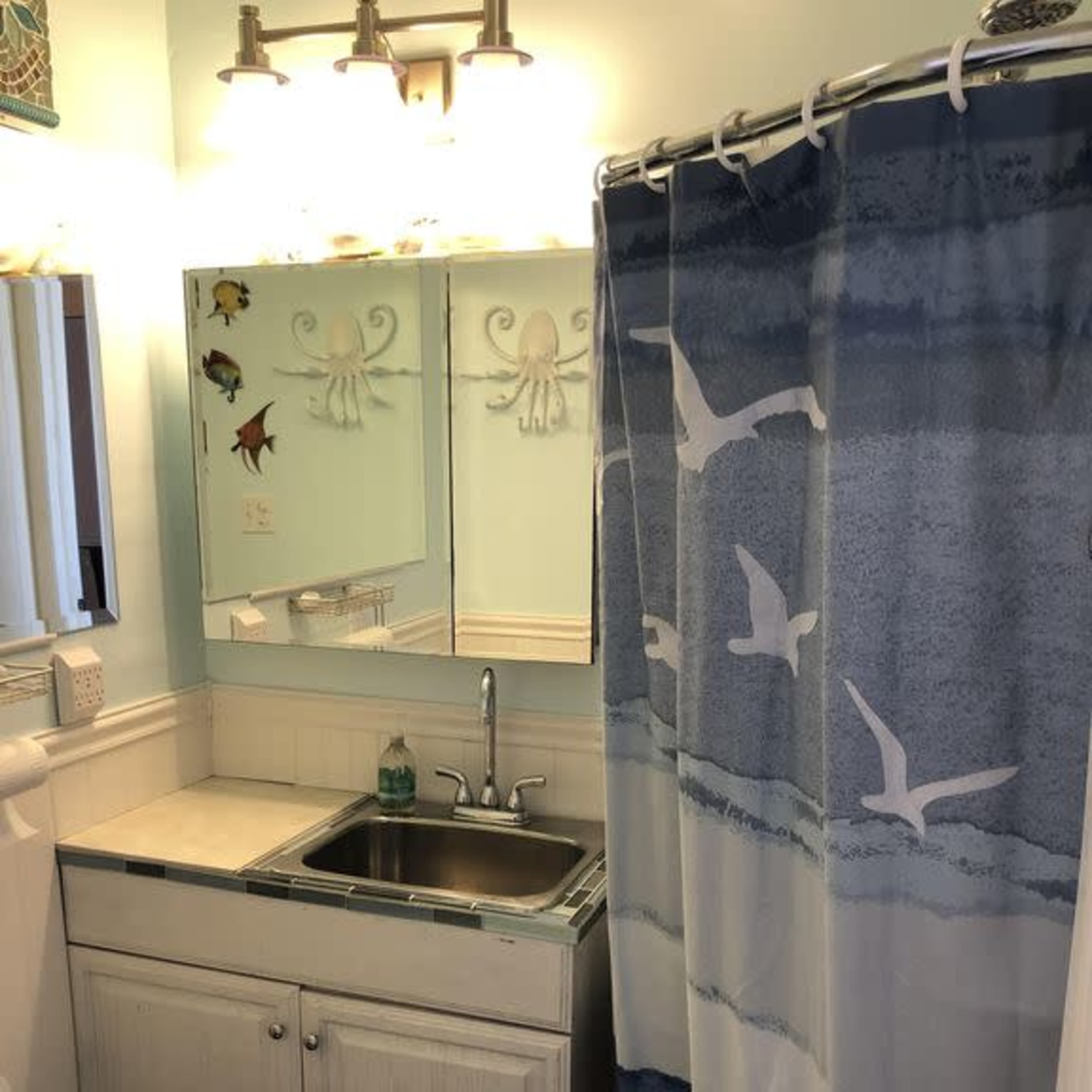 A small bathroom featuring a sink, a mirror, a shower with a decorative curtain, and light fixtures overhead.
