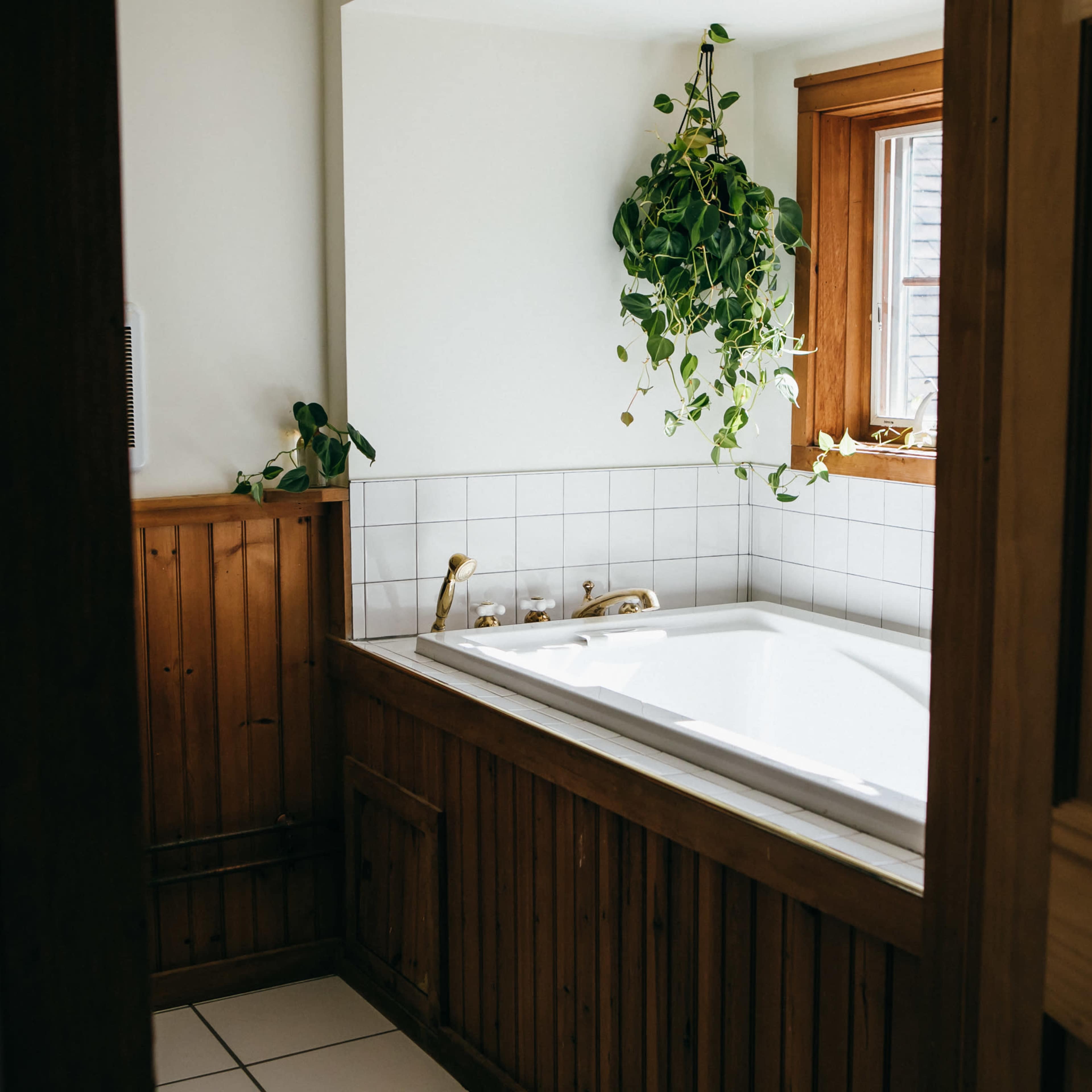 A wooden-paneled bathroom features a white bathtub next to a window with a hanging plant.