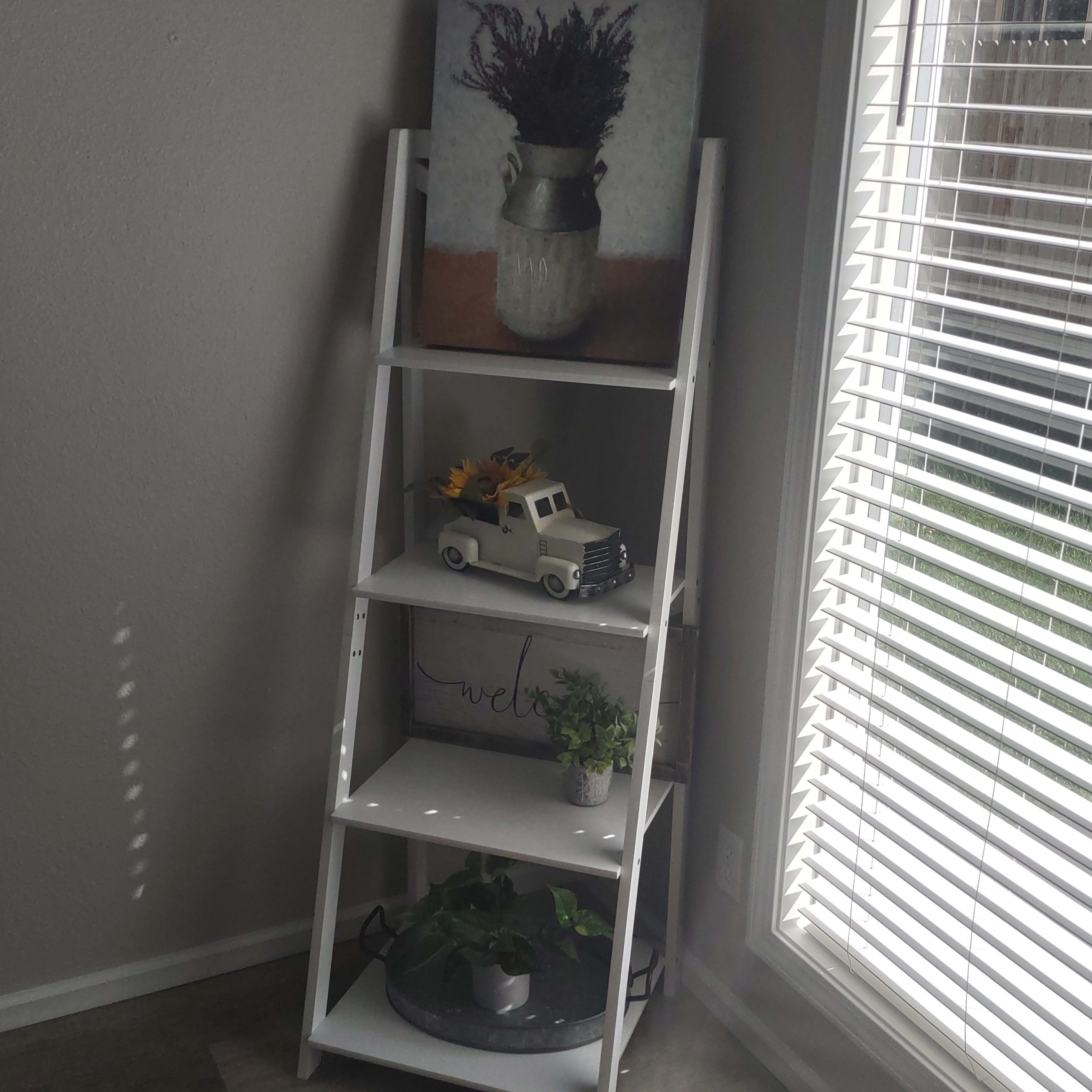 A white ladder-style bookshelf is positioned in a corner, displaying a painting, a toy truck, small plants, and a decorative sign, with sunlight casting shadows through the blinds.