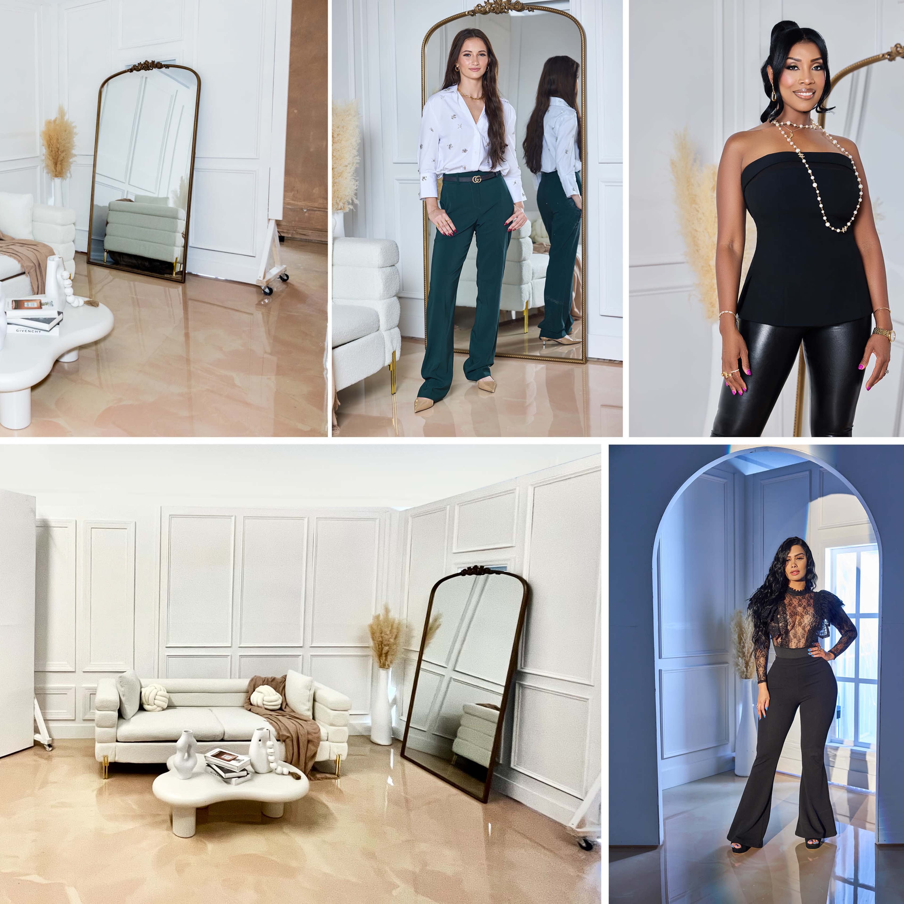 A modern interior design of a minimalist room with a large mirror, stylish furniture, and several women posing in fashionable outfits.