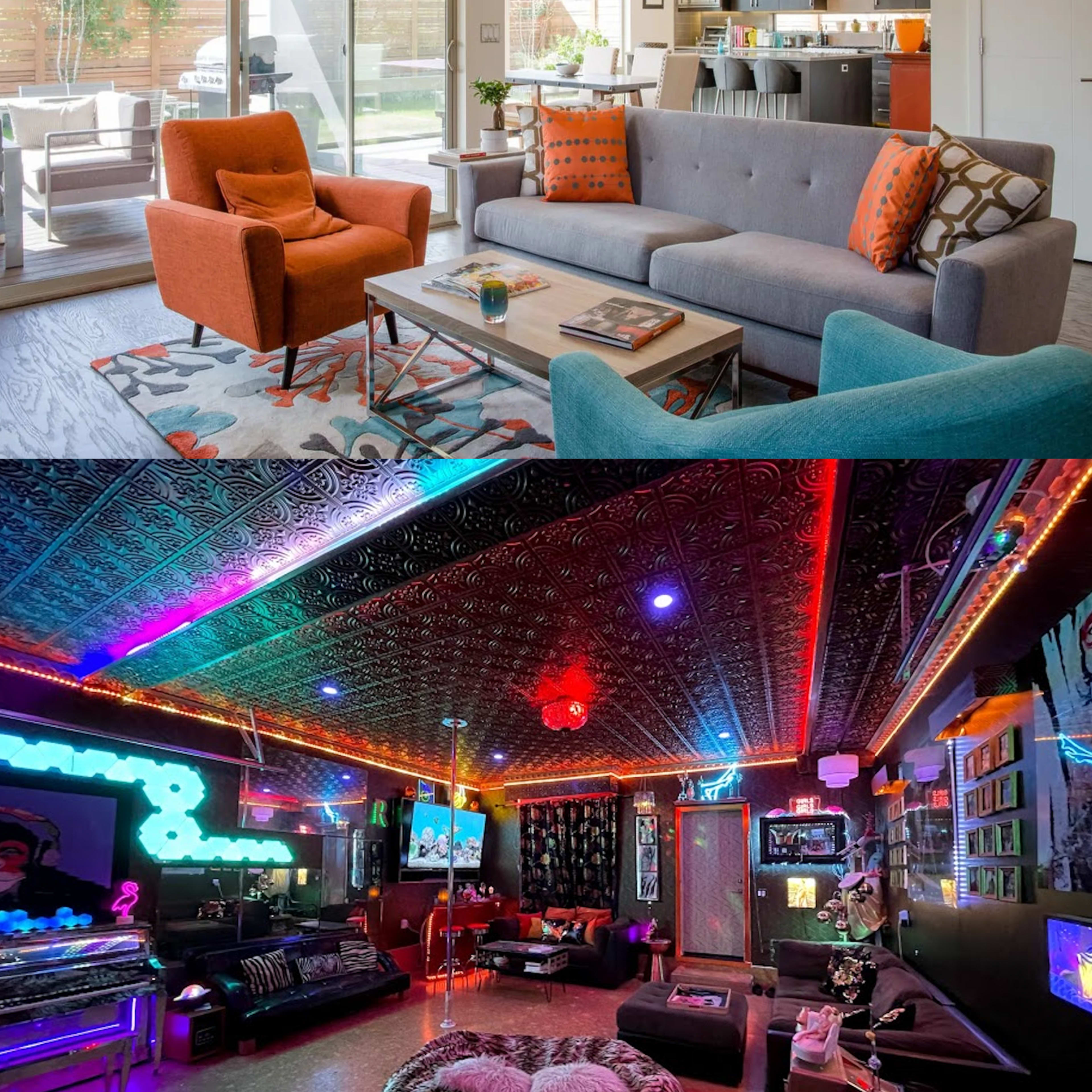 A two-part scene: the top half displays a modern living room with a gray couch and orange accent chairs, while the bottom half showcases a vibrant, neon-lit entertainment room filled with colorful lighting and plush furniture.