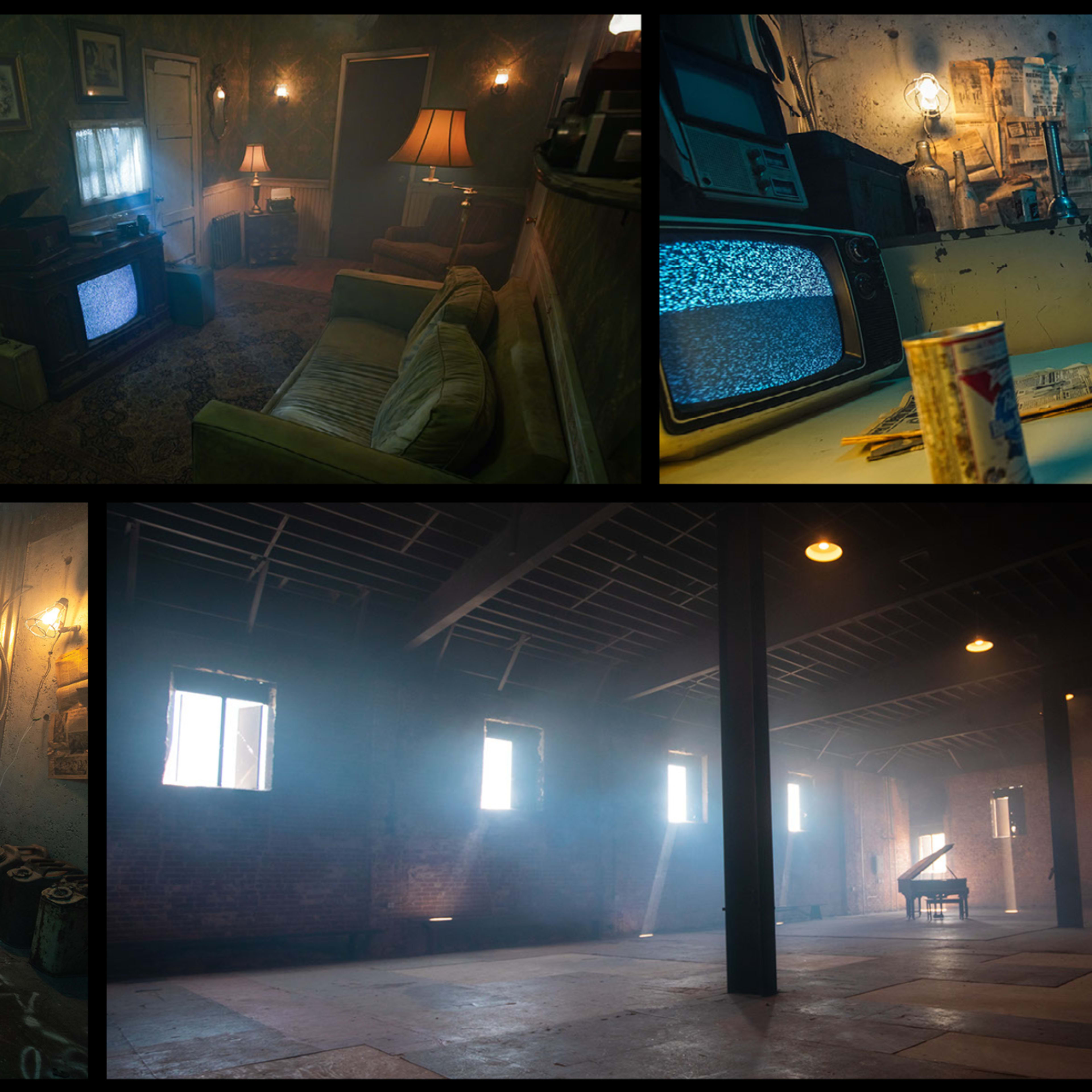 A collage of dimly lit, atmospheric indoor scenes, including a cluttered workspace, a living room with a vintage television, a hallway with brick walls, and an empty room with large windows.