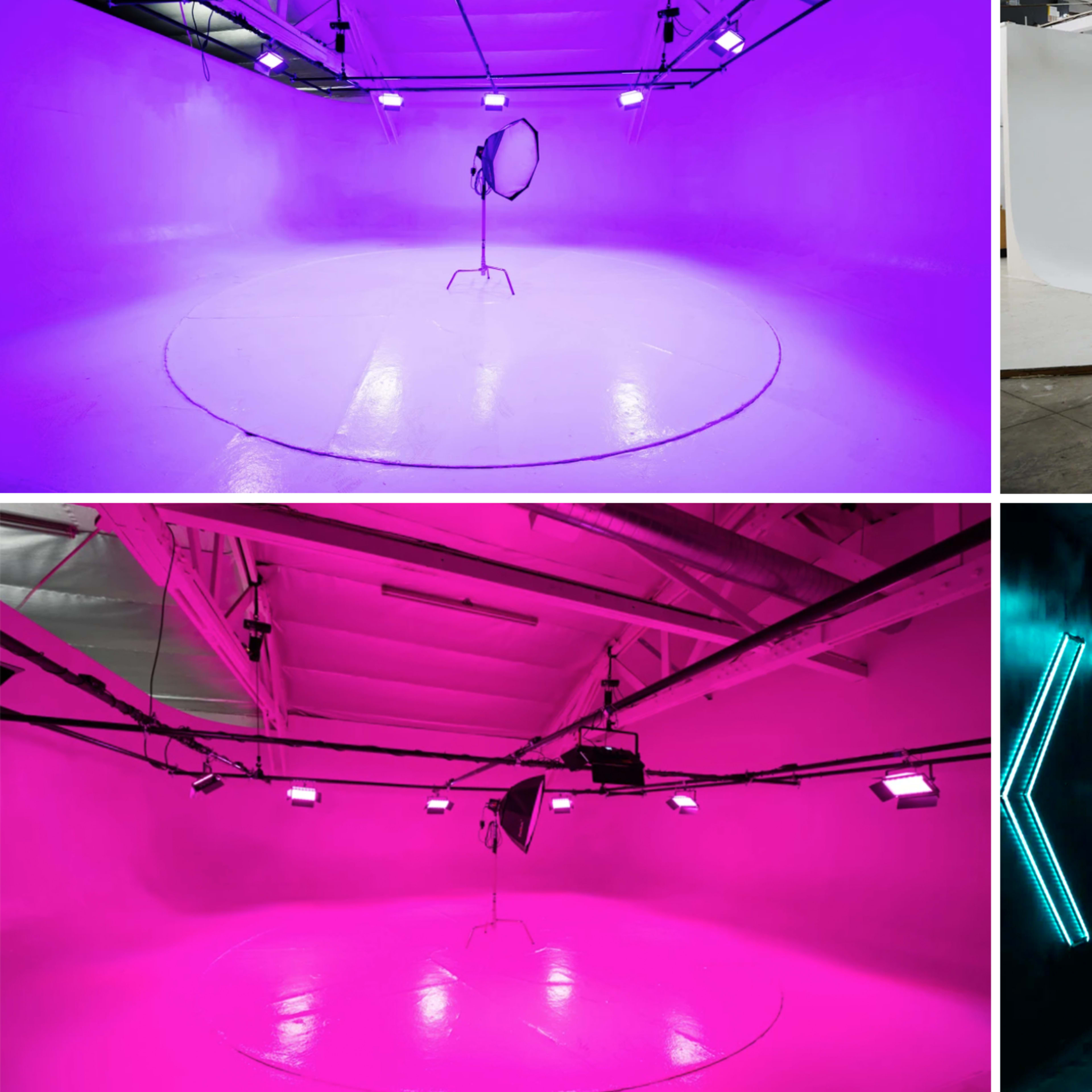Four different studio settings featuring varied color lighting and backgrounds, including a pink-lit space, a blank white area, and a dark environment with neon blue accents and a car.