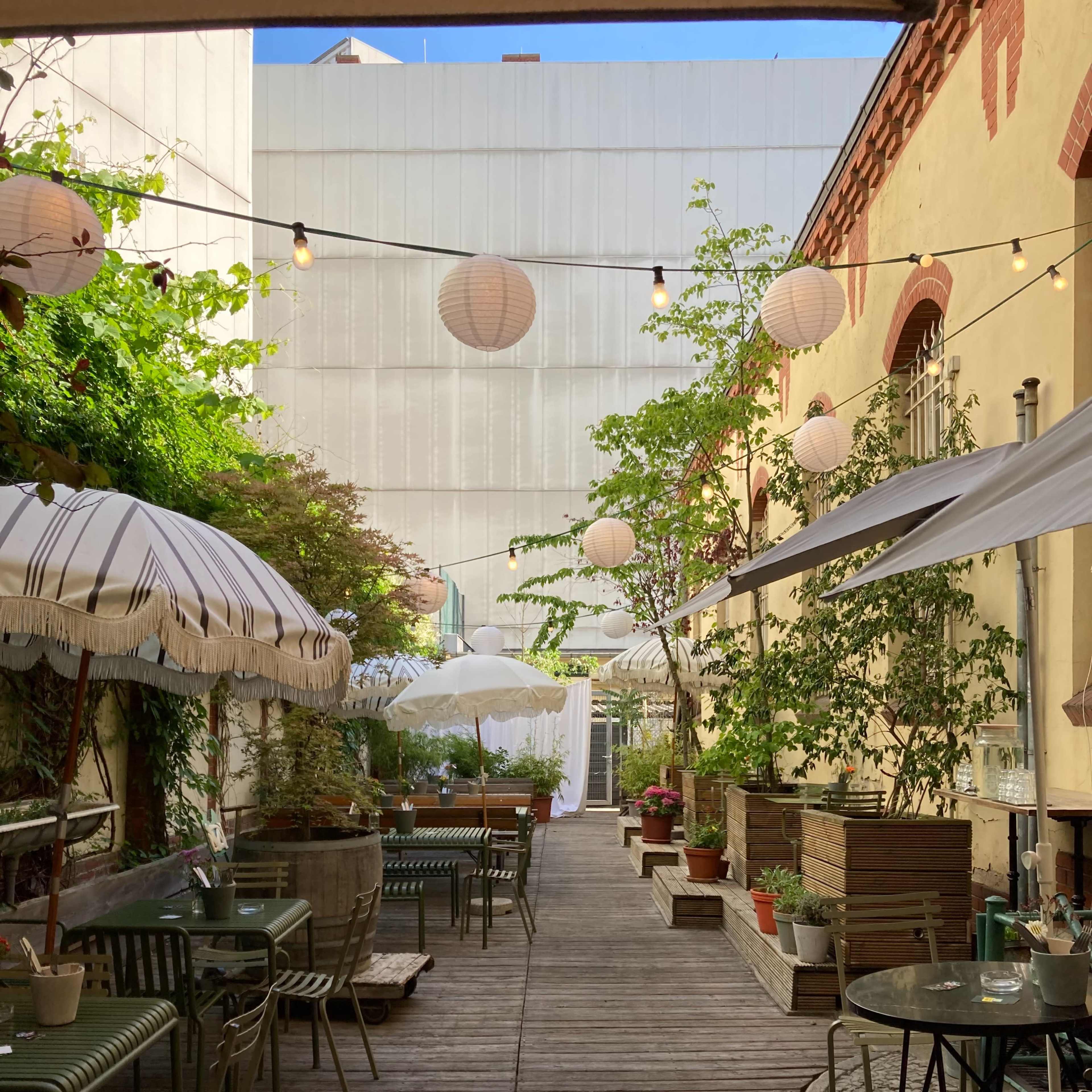 A narrow wooden walkway leads through a garden area filled with potted plants and tables, adorned with hanging lanterns and umbrellas.