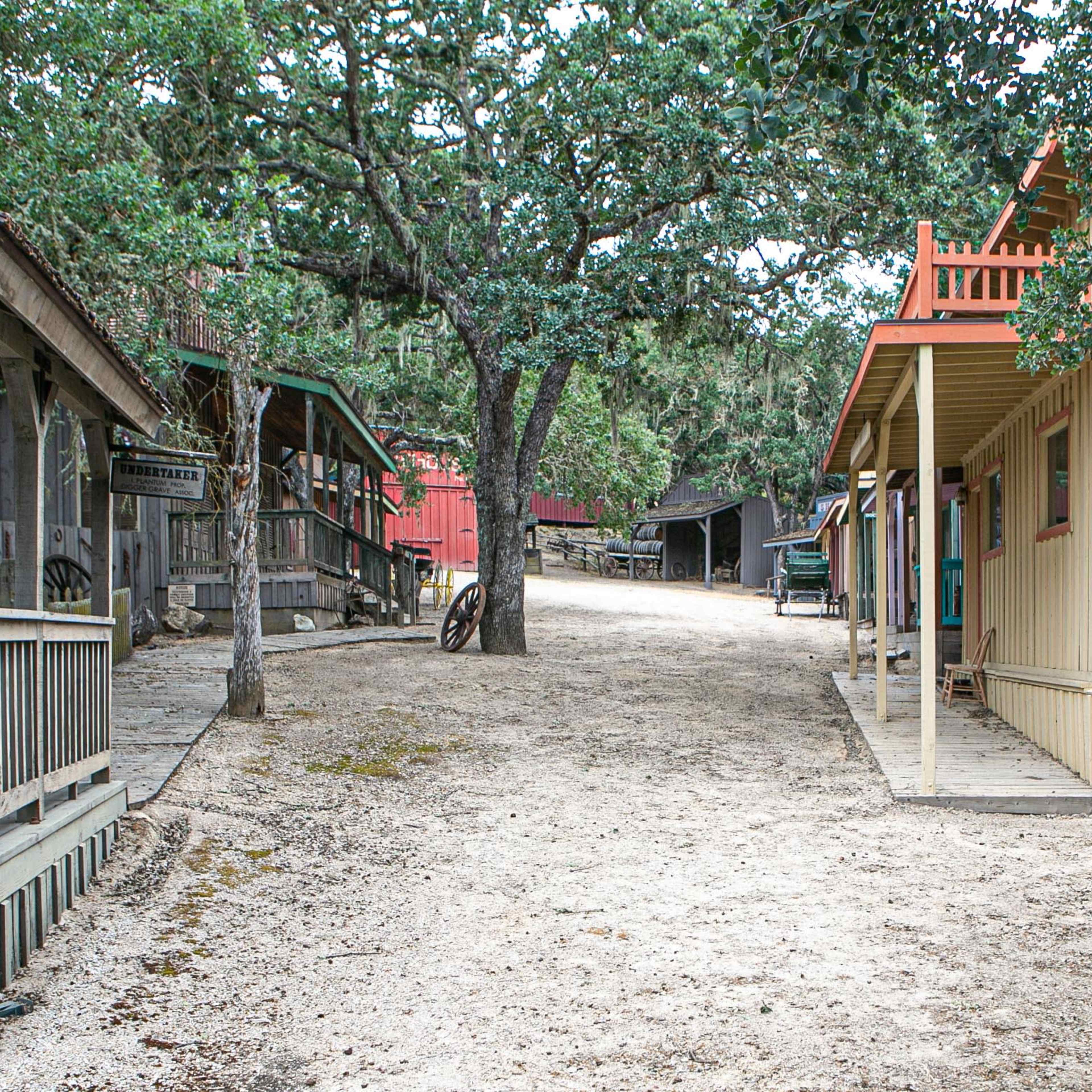 A dirt path winds through a cluster of rustic buildings surrounded by trees.