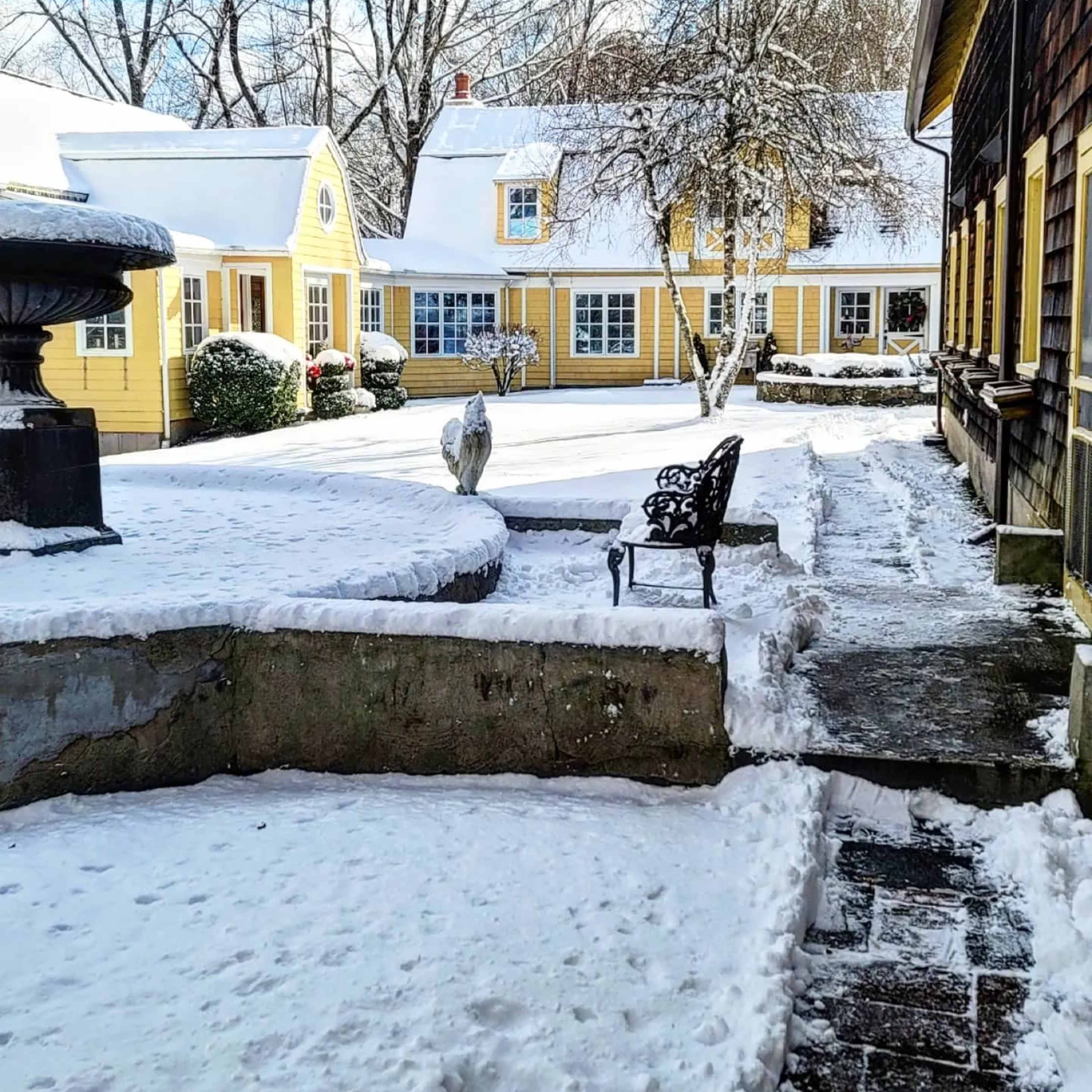 A snow-covered courtyard features yellow houses, a stone bench, and a fountain surrounded by trees.