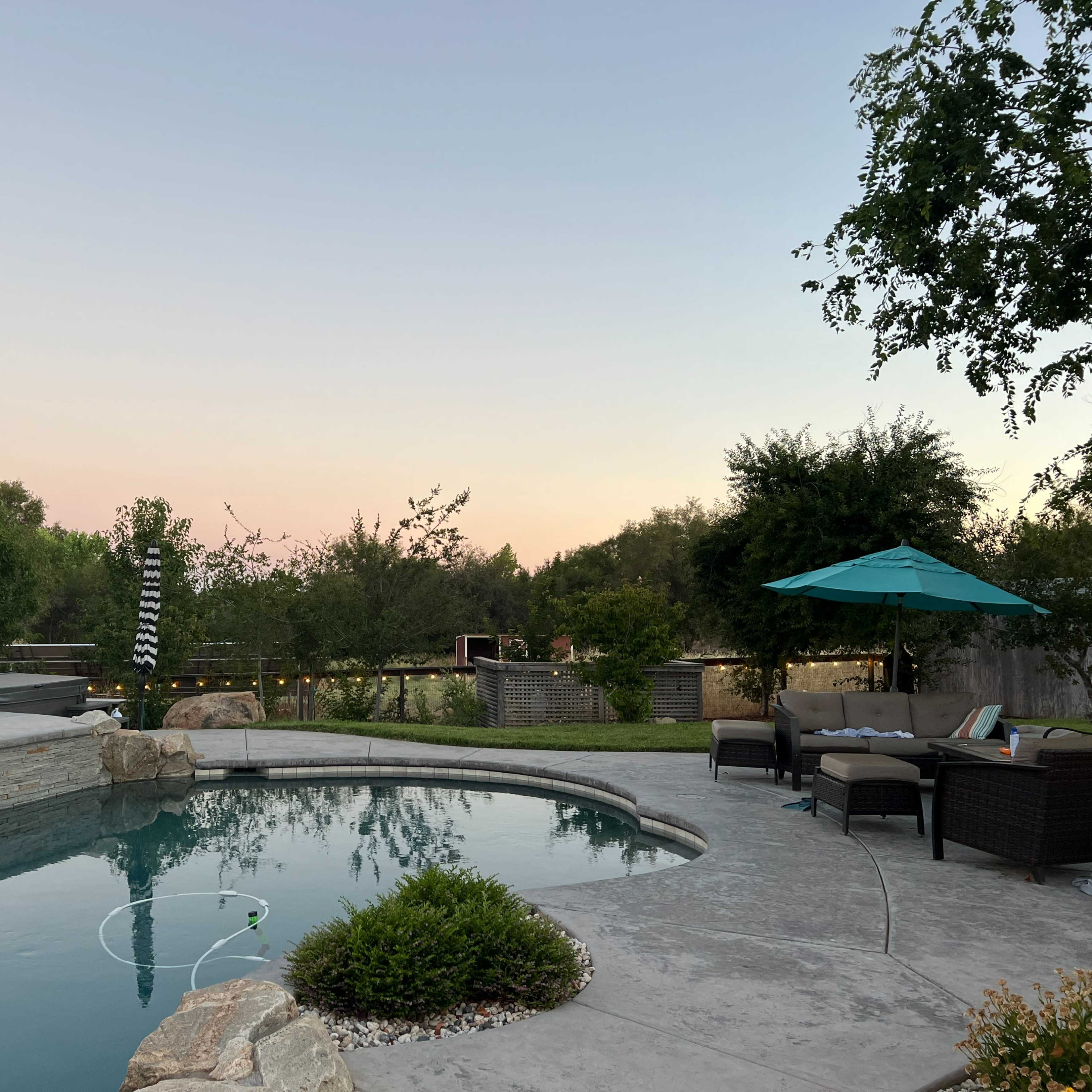 A swimming pool with a stone edge is surrounded by lounge chairs and umbrellas, set against a backdrop of trees and a pastel-colored sky at dusk.