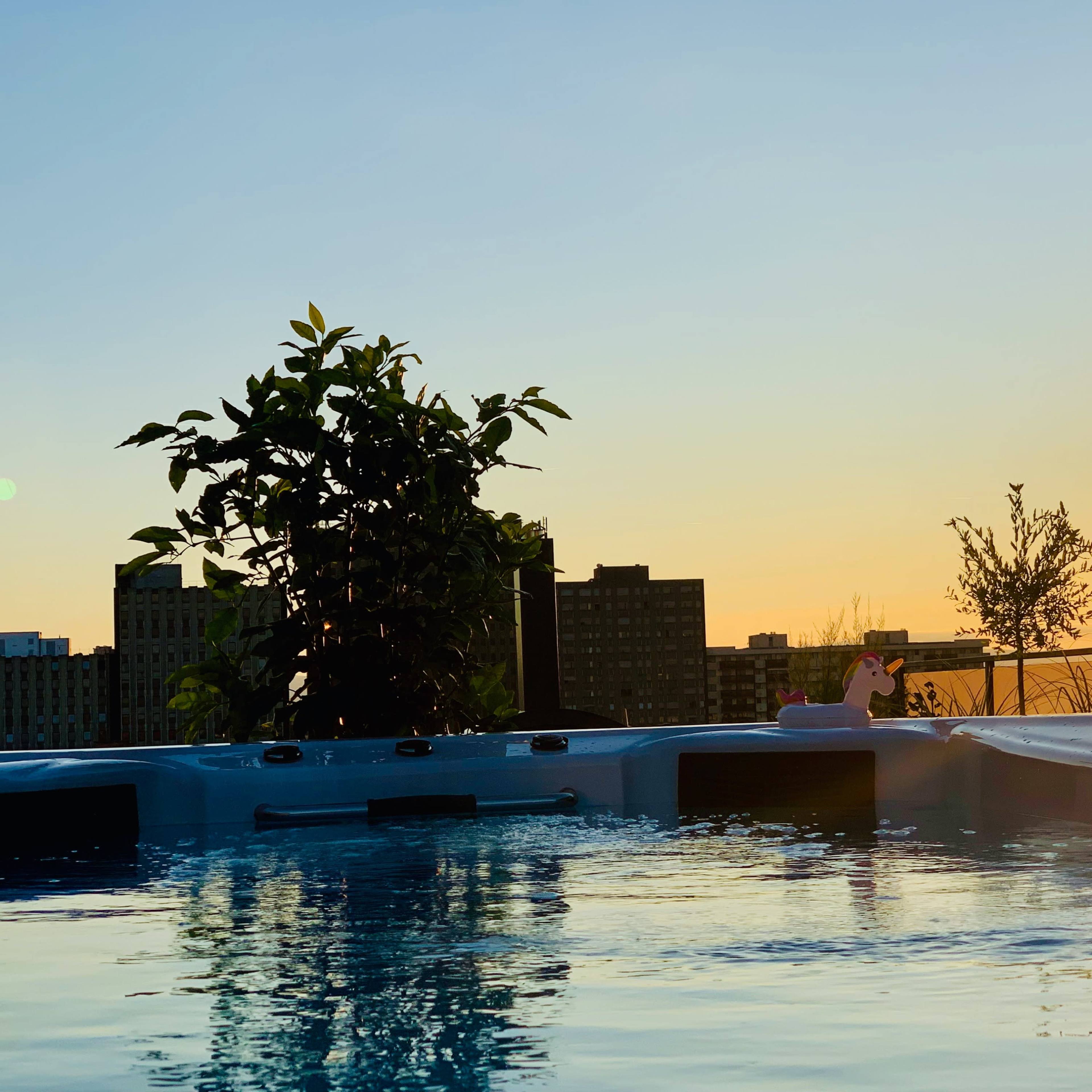 A rooftop hot tub reflects the sunset over a city skyline, with a small plant nearby.