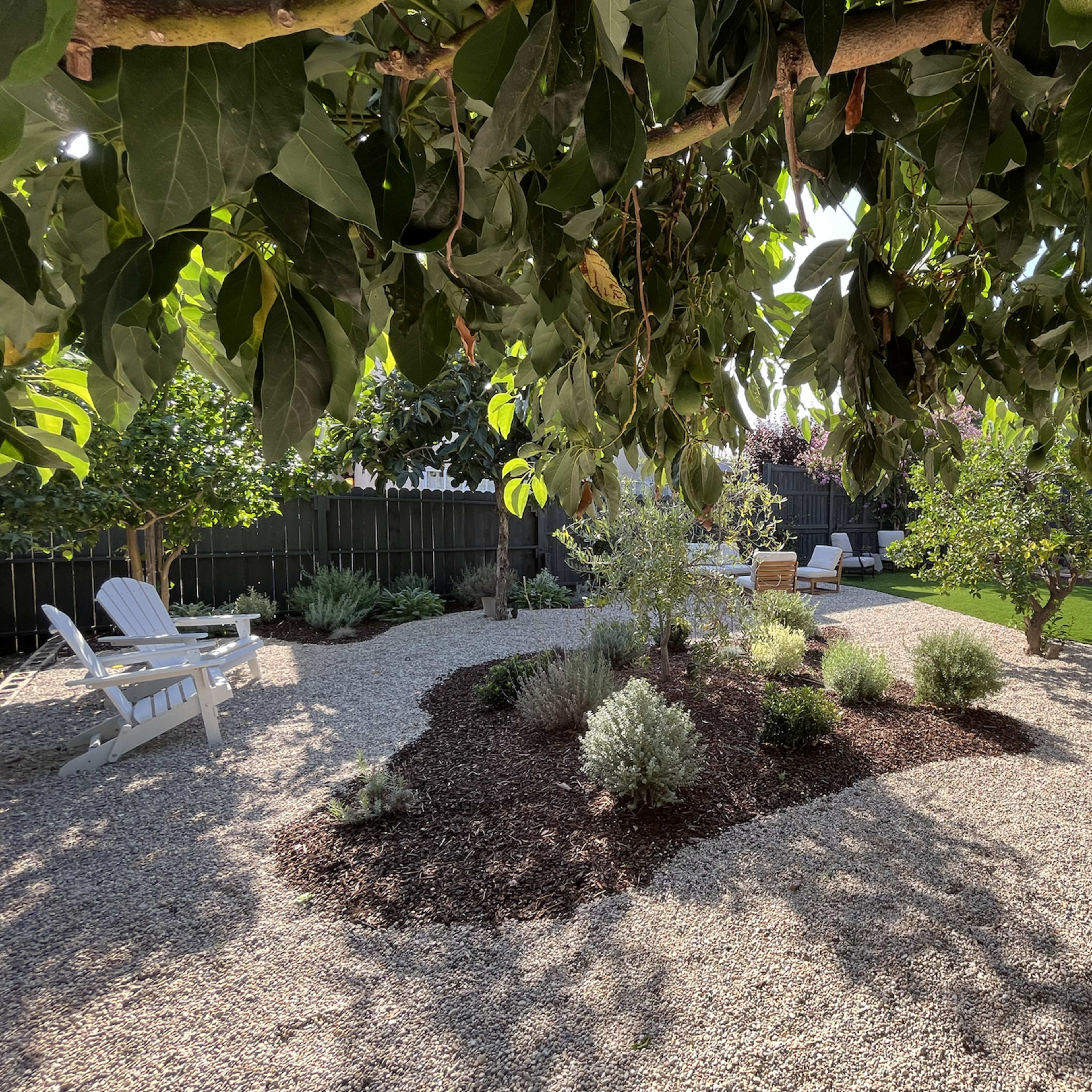 A garden features a gravel path with scattered plants, surrounded by chairs and shaded by overhanging tree leaves.