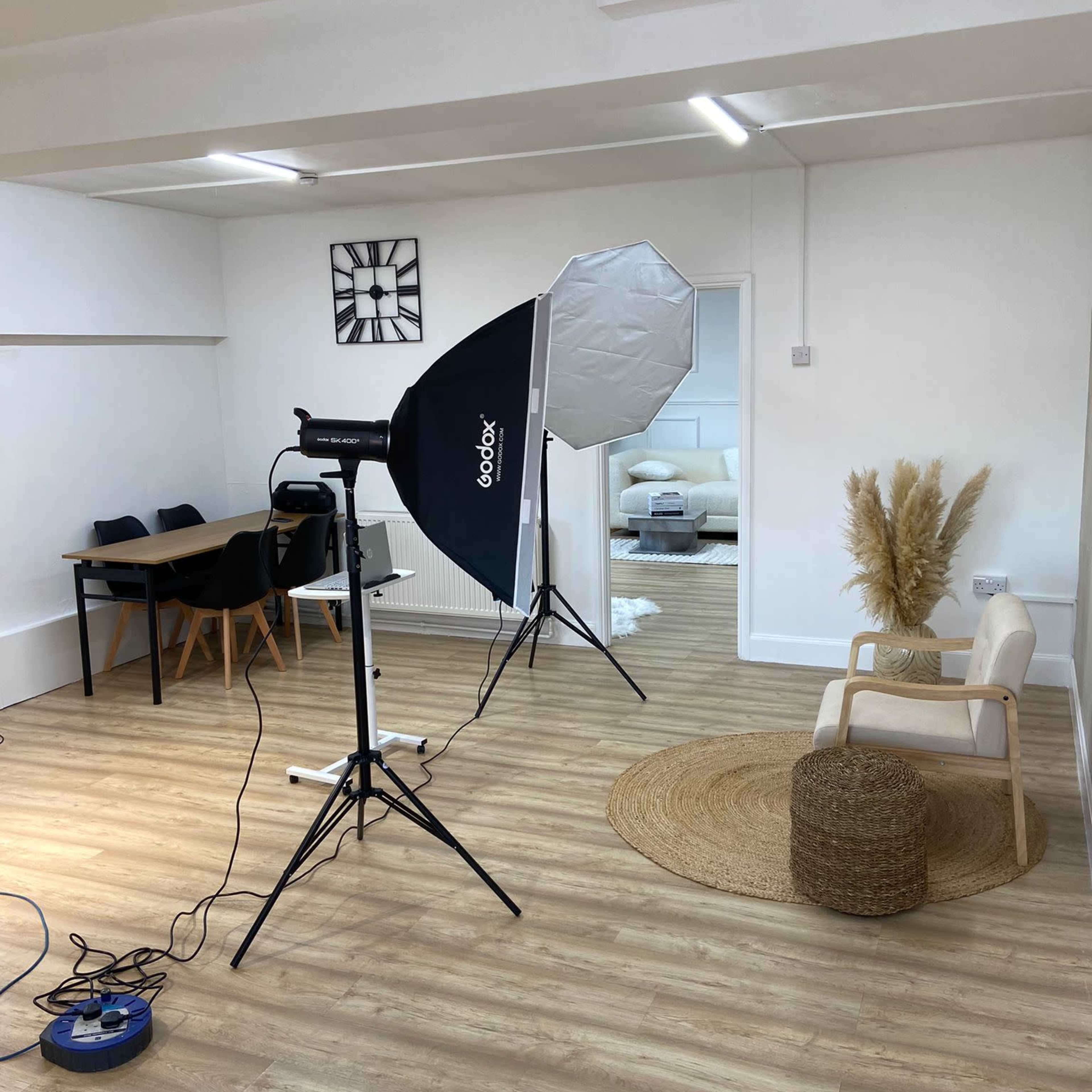 A bright, empty room with a photography lighting setup, a dining table, chairs, a chair, a round rug, and a decorative plant in the corner.