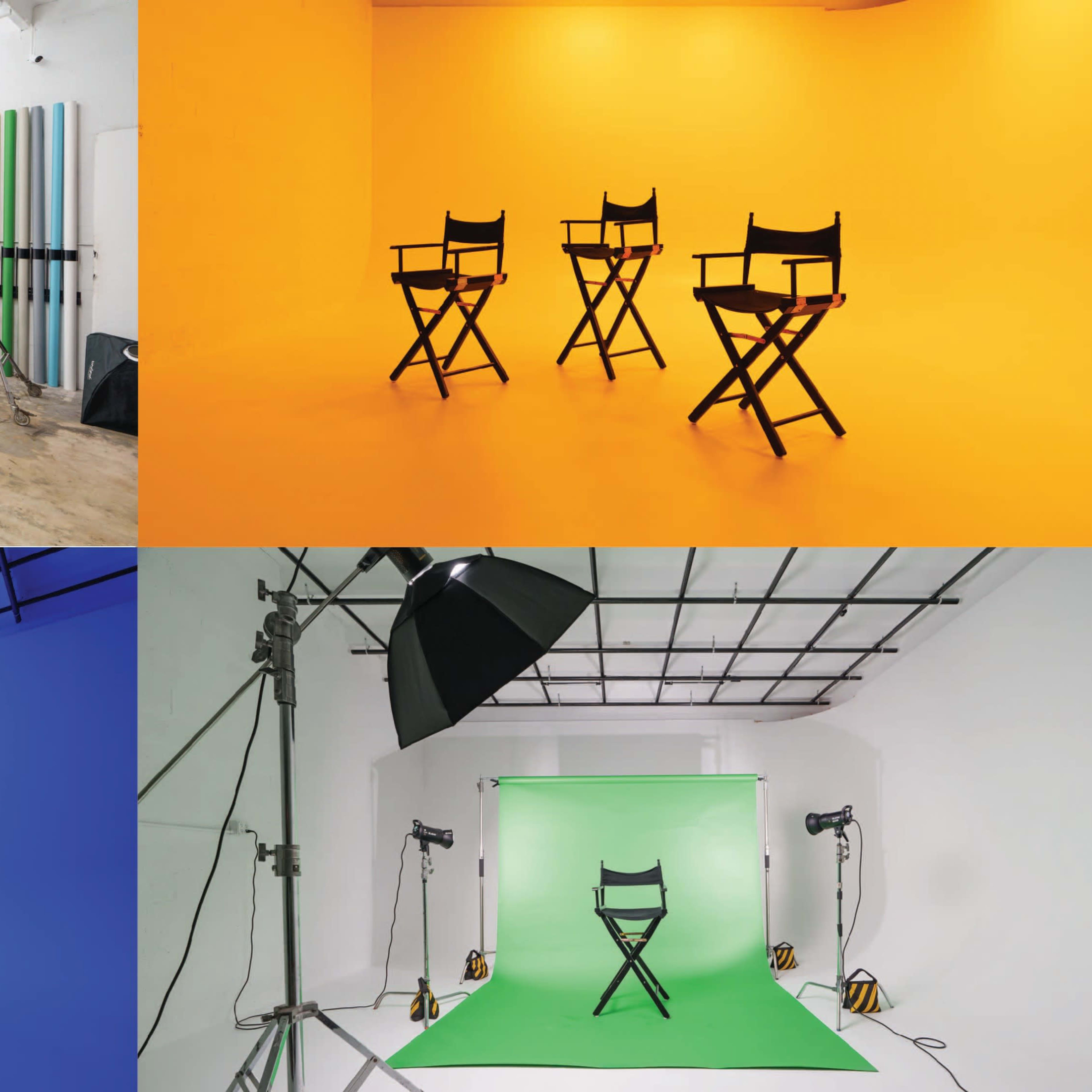 Four different colored photography studio setups, each featuring empty director's chairs against solid backgrounds of white, orange, blue, and green.