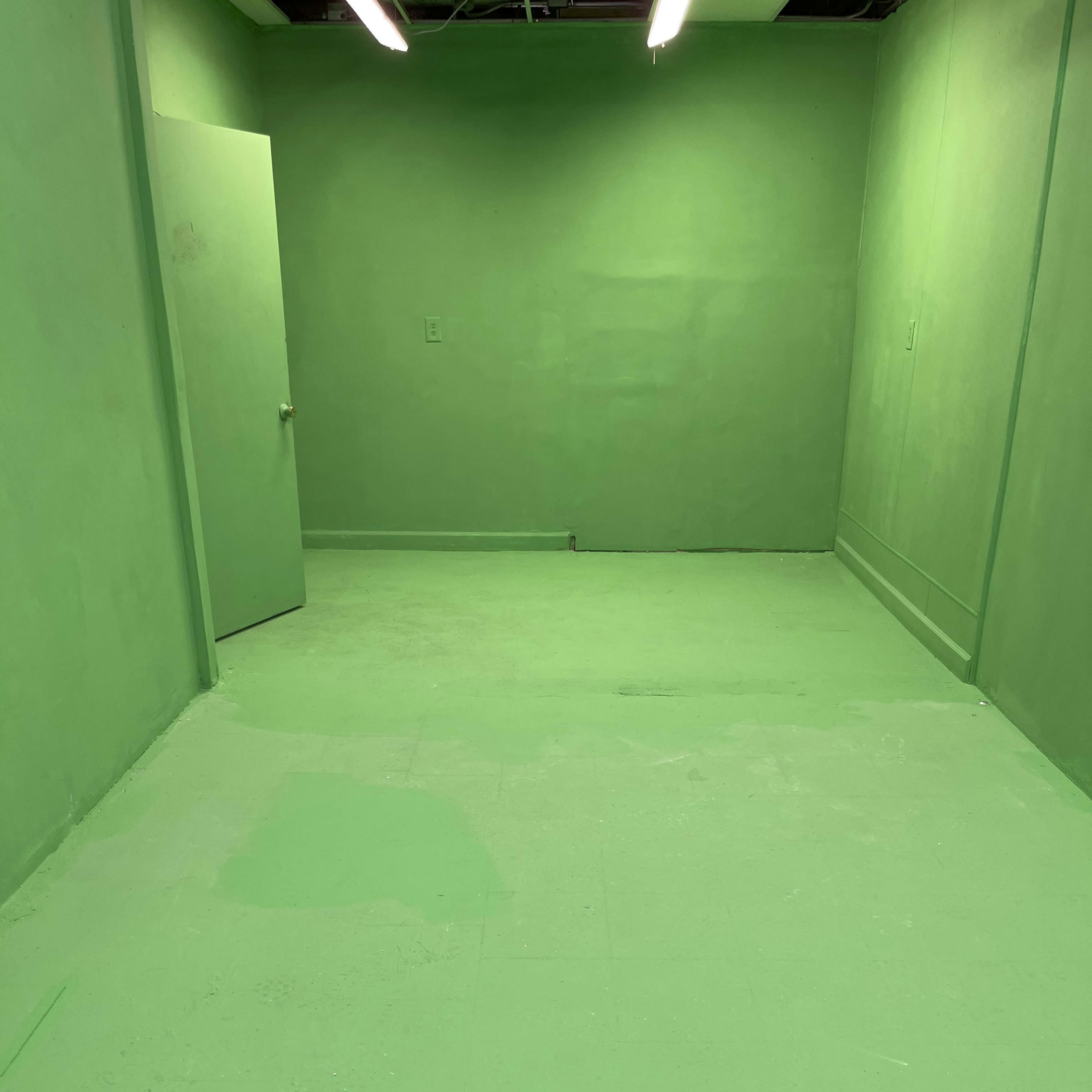 A room entirely painted in green, including the walls, floor, and door.