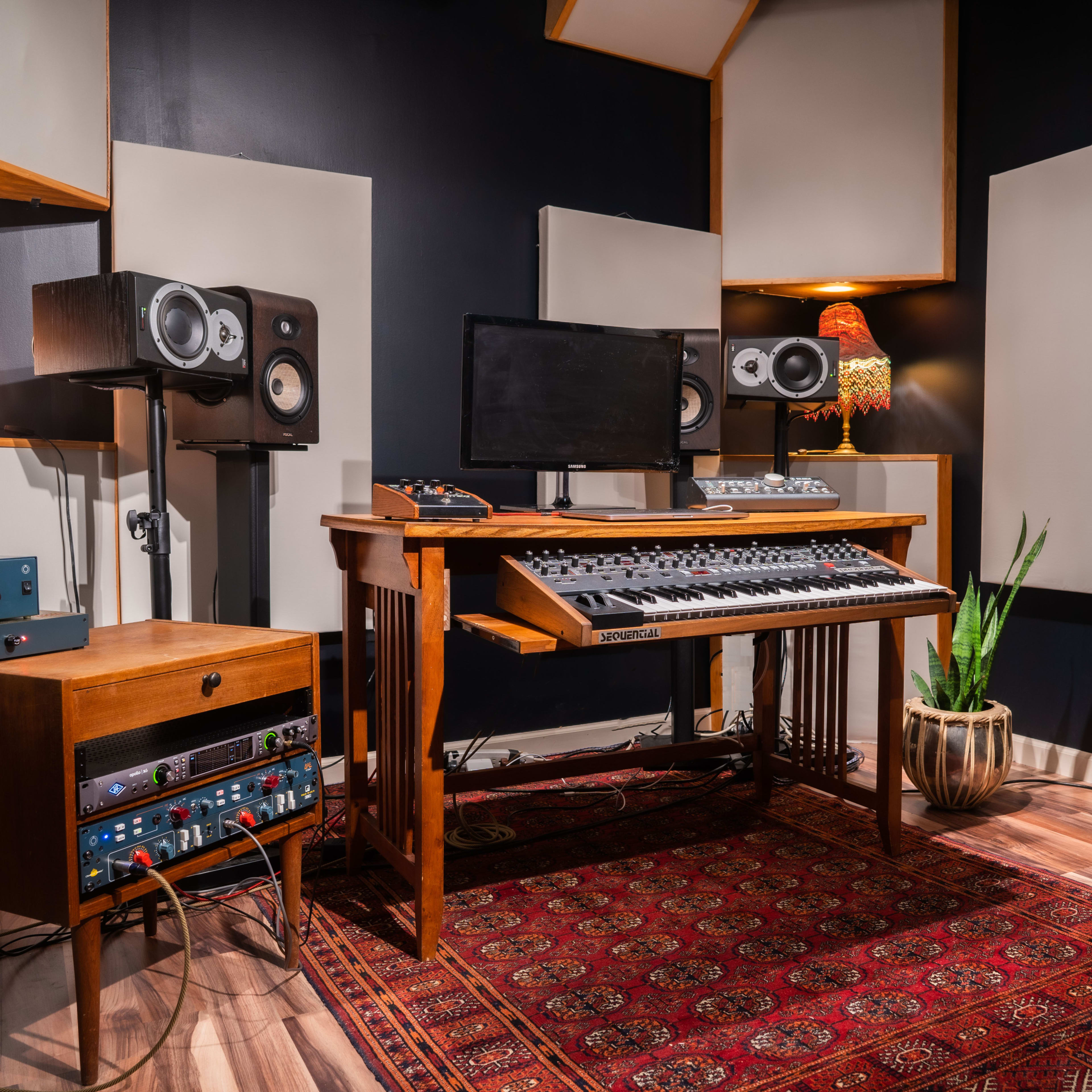 A music recording studio setup featuring a wooden desk with electronic equipment, speakers, and decorative plants in a room with acoustic panels.