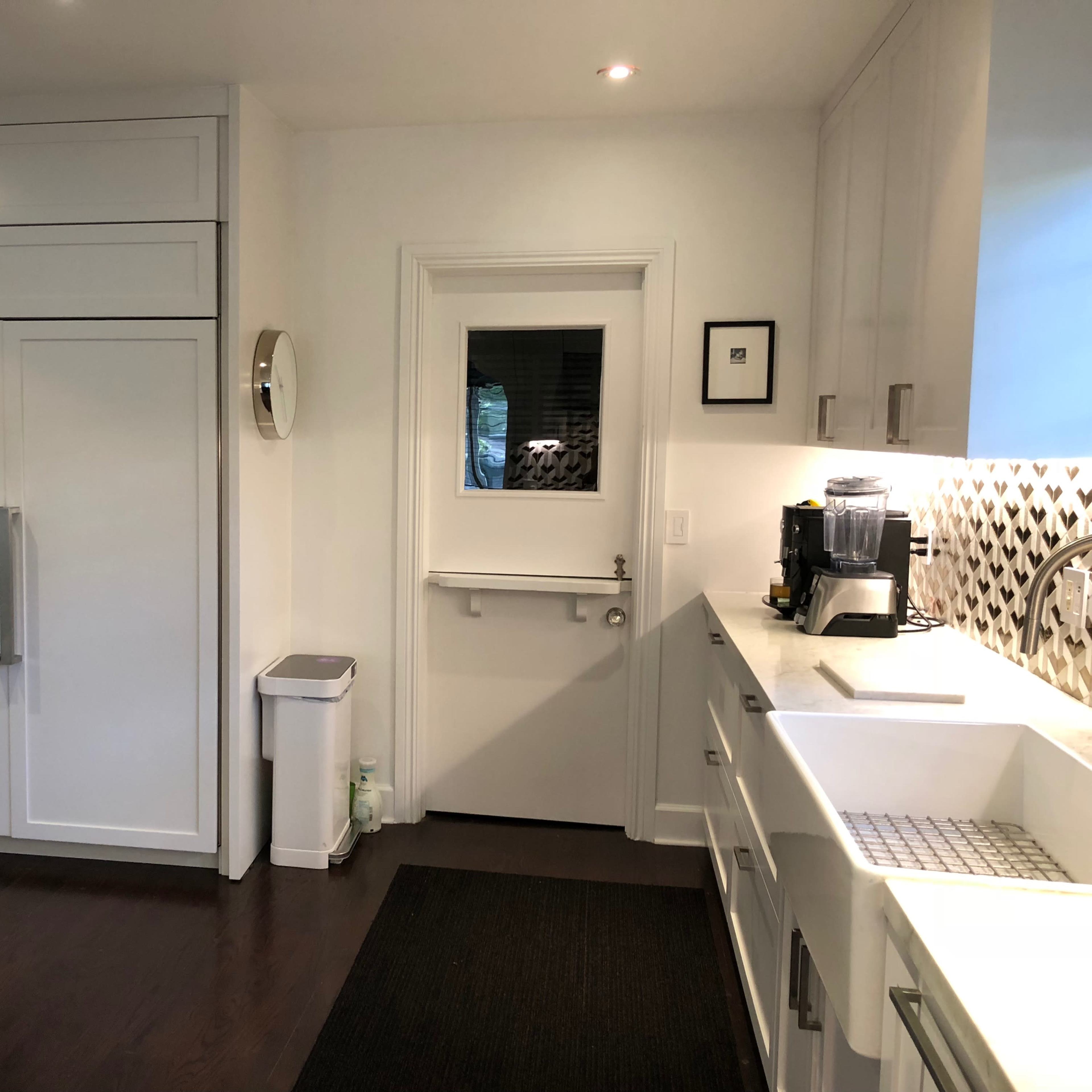 A modern kitchen with a large refrigerator, a door leading outside, and a sink on a white countertop.