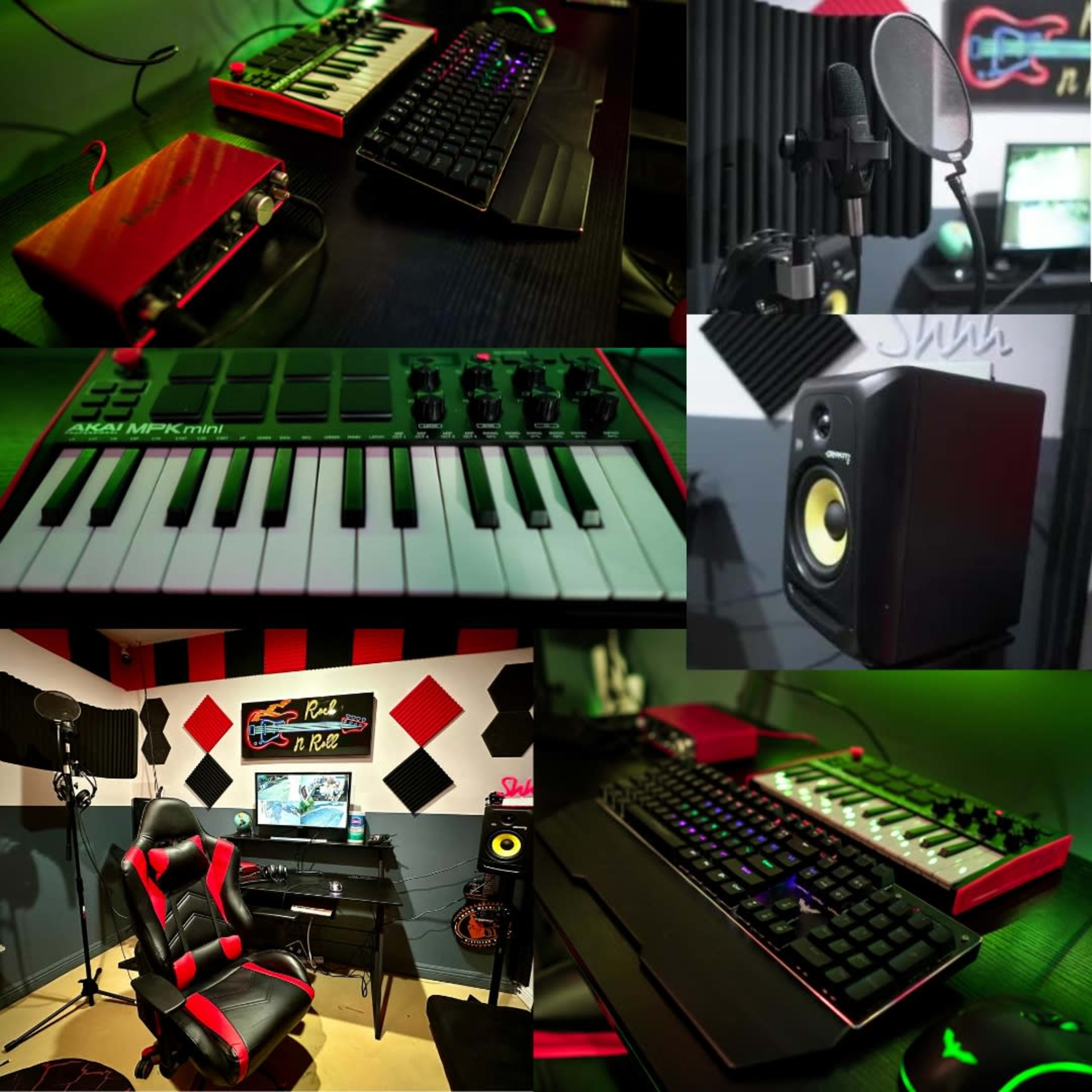A music production workspace featuring a MIDI keyboard, audio interface, microphone, studio monitors, and a gaming chair, all set against a backdrop of soundproofing panels.