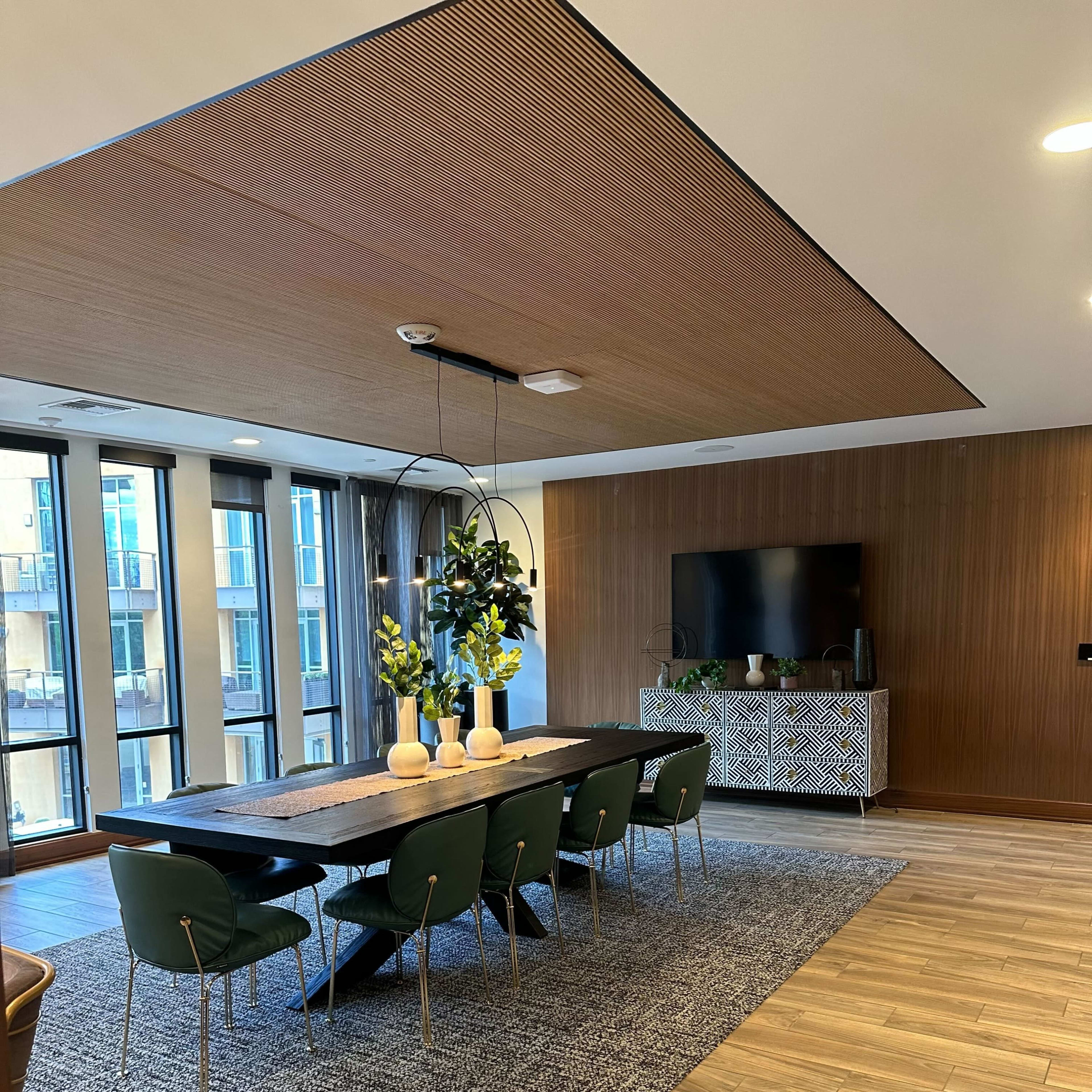 A modern dining area with a large table surrounded by green chairs, a wall-mounted TV, and decor elements like a rug and plants.