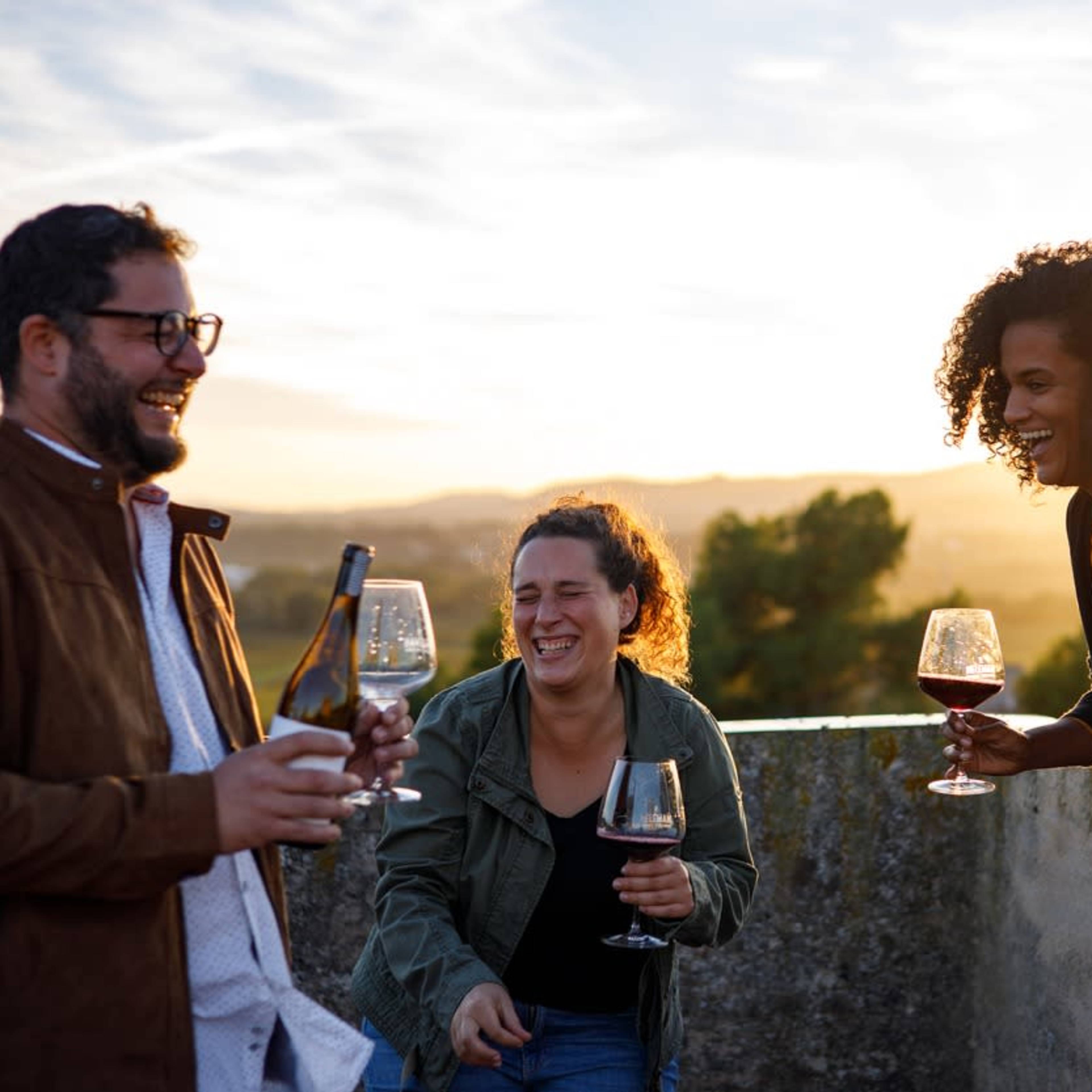 A group of four people holds wine glasses and laughter as they enjoy a sunset gathering outdoors.