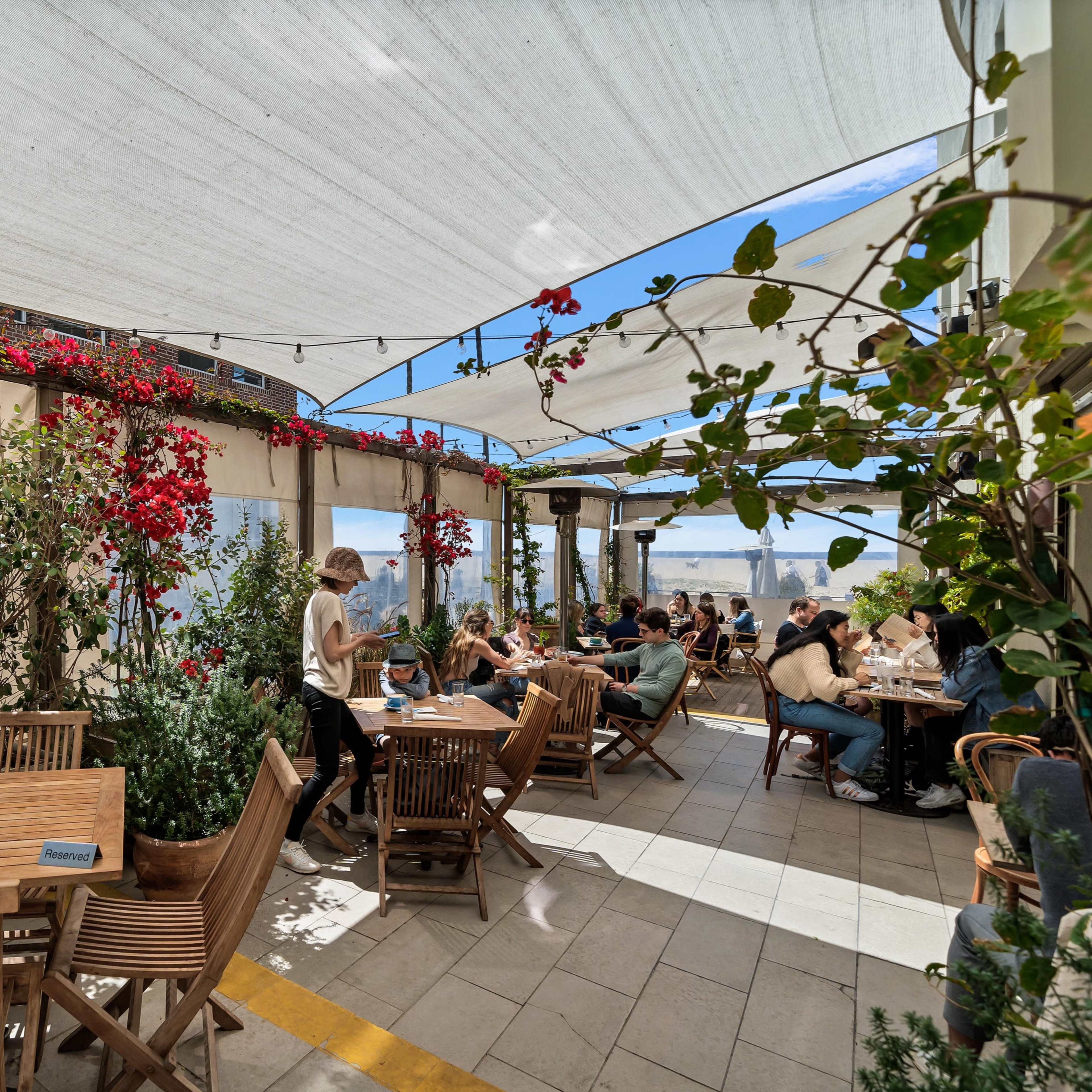 A rooftop terrace adorned with flowering plants and wooden furniture, where people are seated and enjoying their time under a canopy of fabric.
