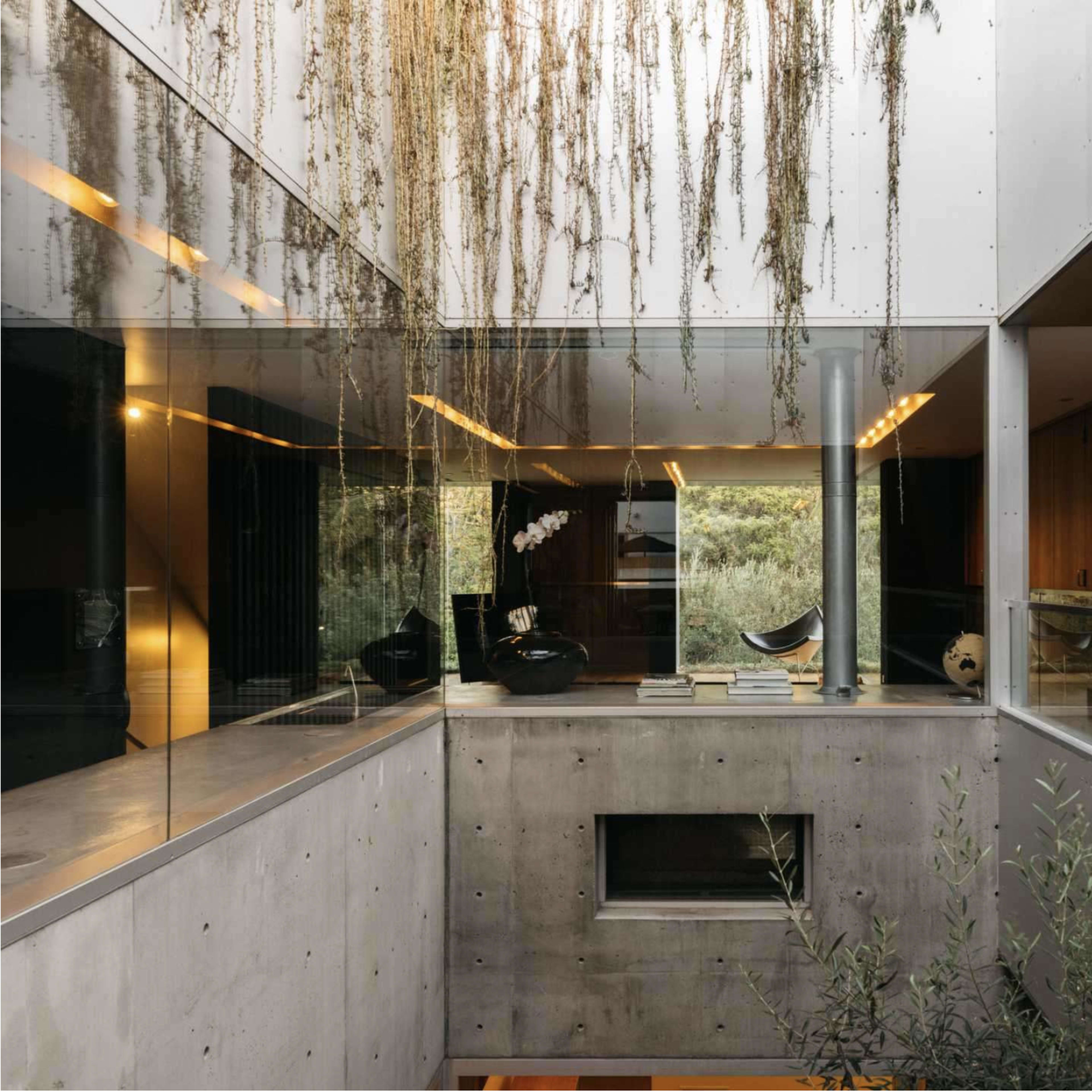 A modern interior with concrete and glass elements, featuring a central atrium with hanging foliage and a person walking through the space.