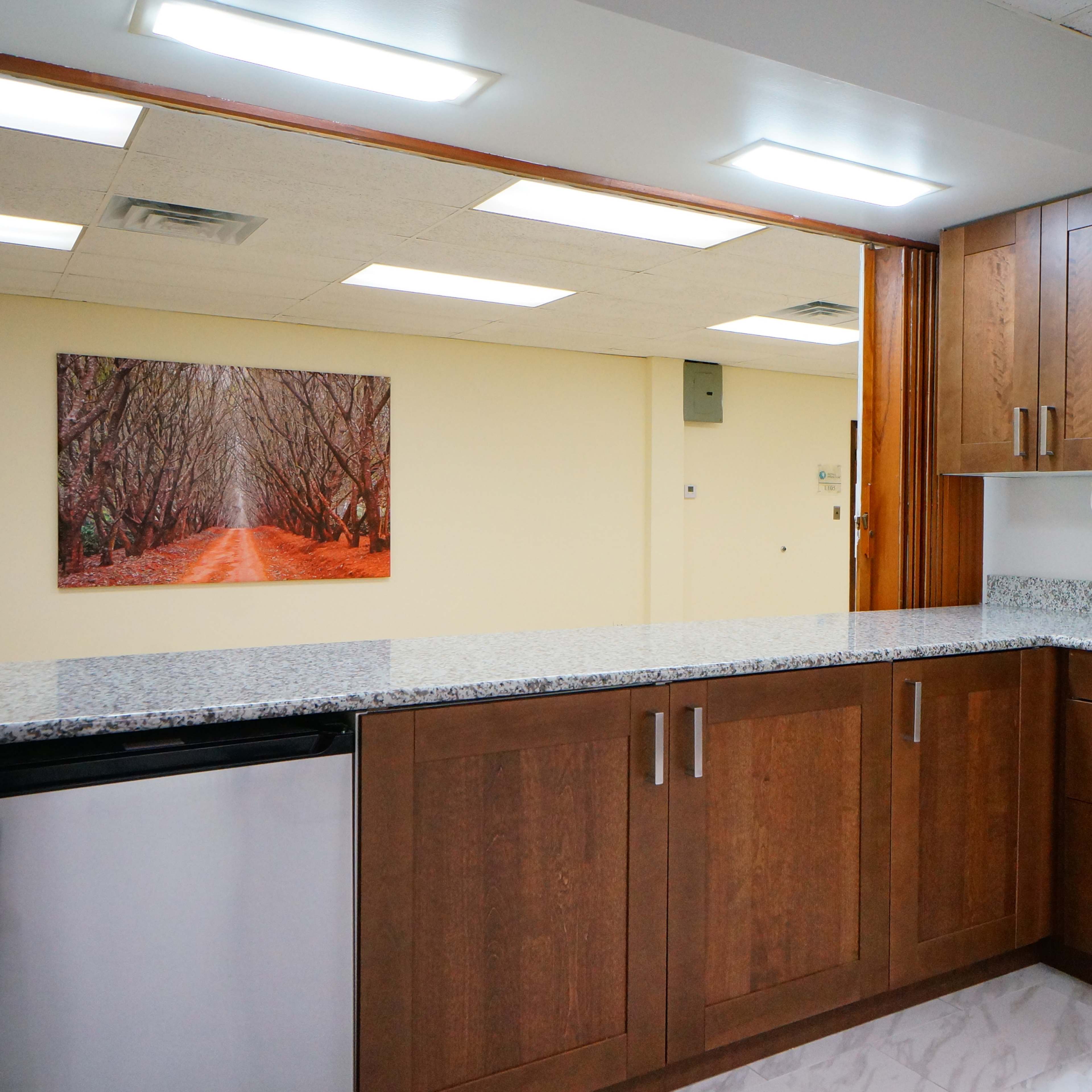 A modern kitchen with wooden cabinetry, a granite countertop, a microwave, and a view of a tree-lined pathway on the wall.