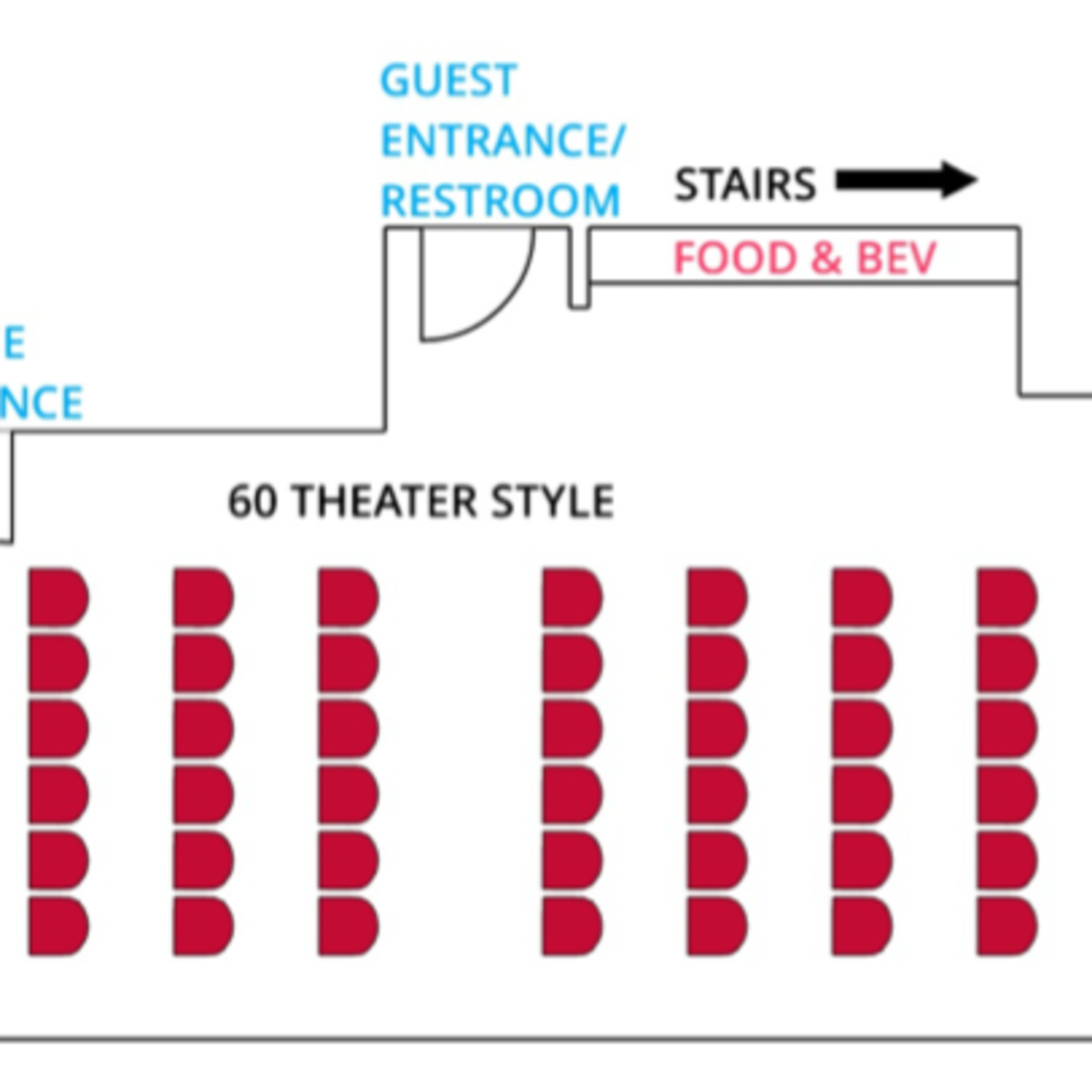 The diagram displays a seating arrangement for a theater with a guest entrance and restroom, service entrance, a food and beverage area, and stairs on one side.