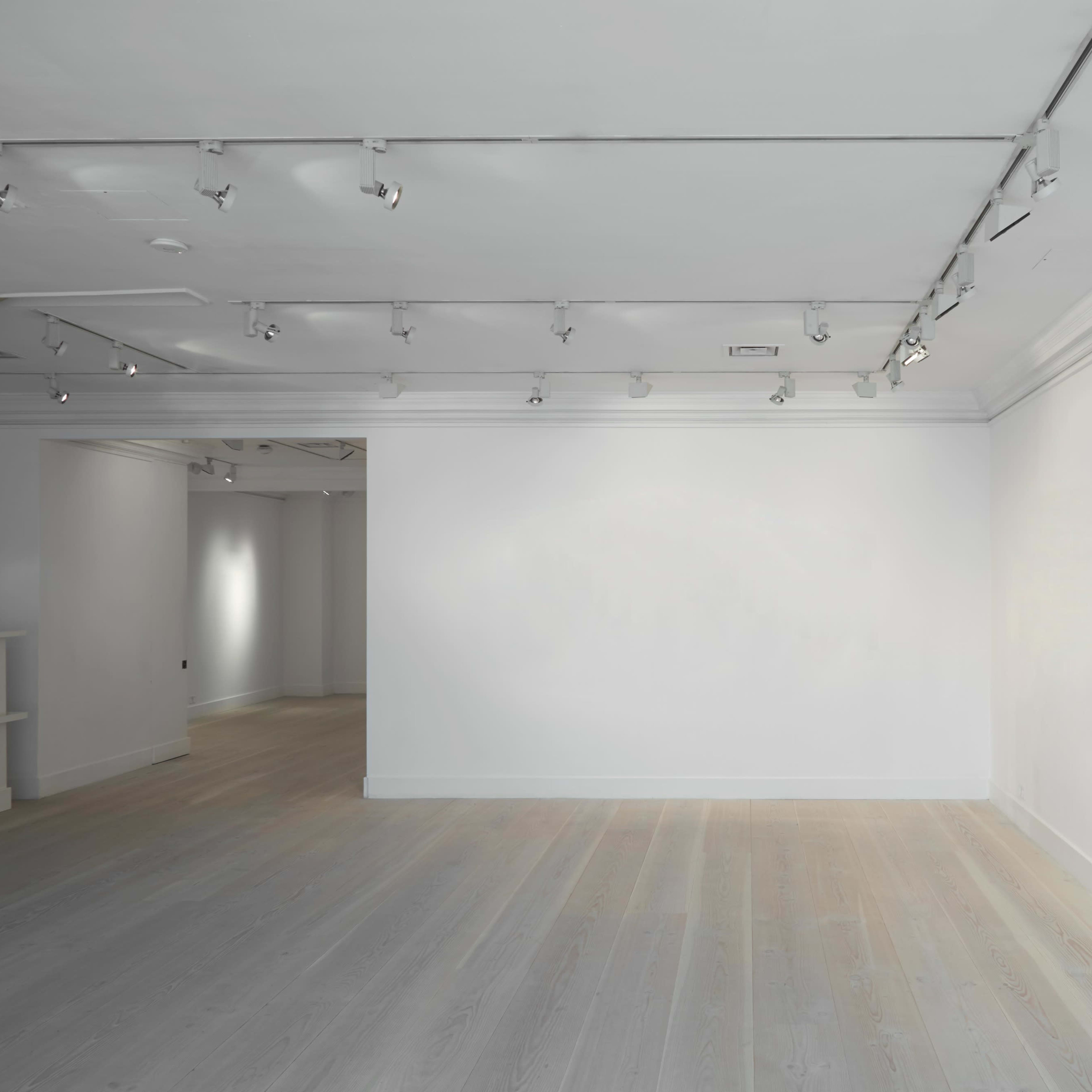 An empty, well-lit gallery space with white walls and light wooden flooring.