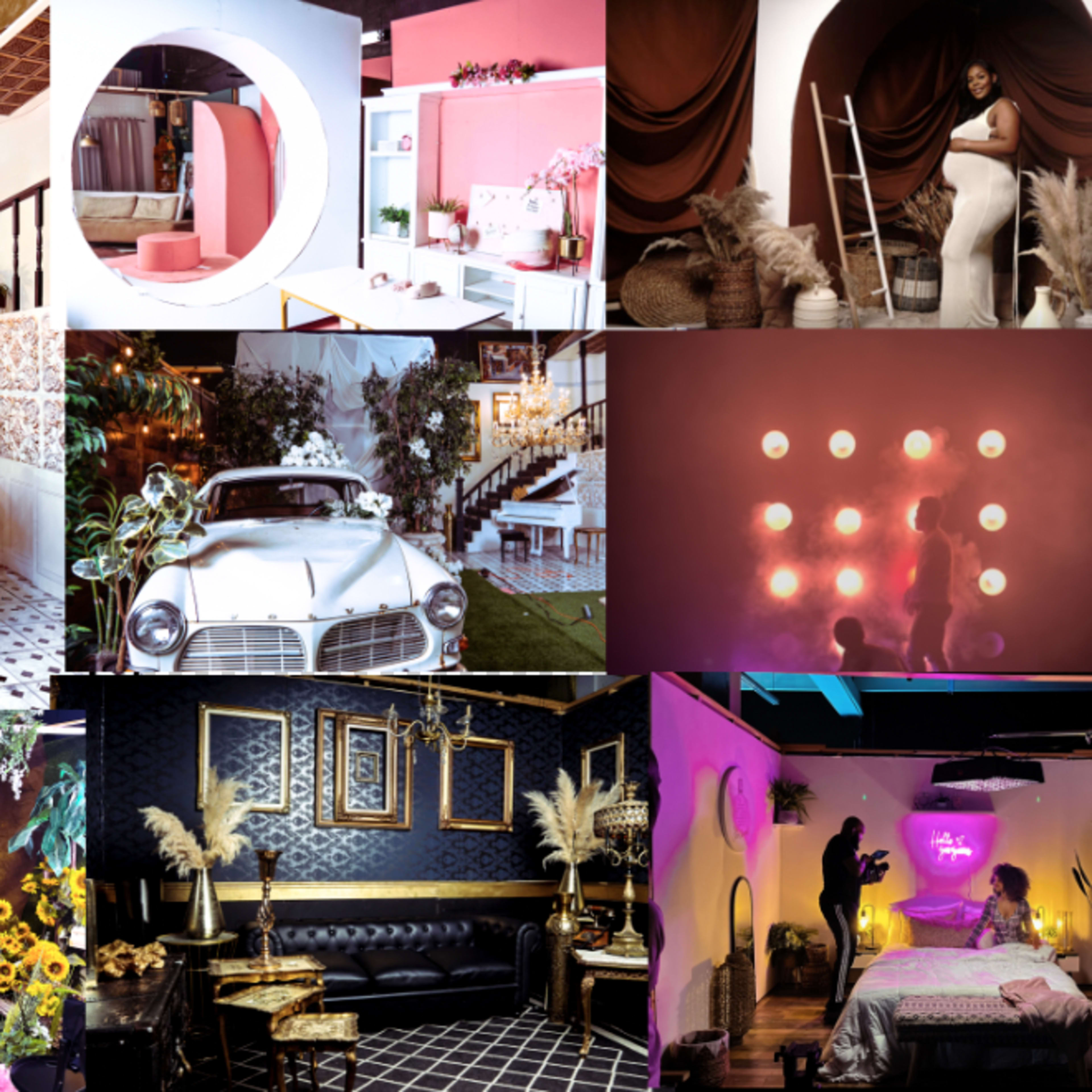 A collage of various interior decor settings, featuring elegant furniture, floral arrangements, a classic car, and diverse lighting arrangements.