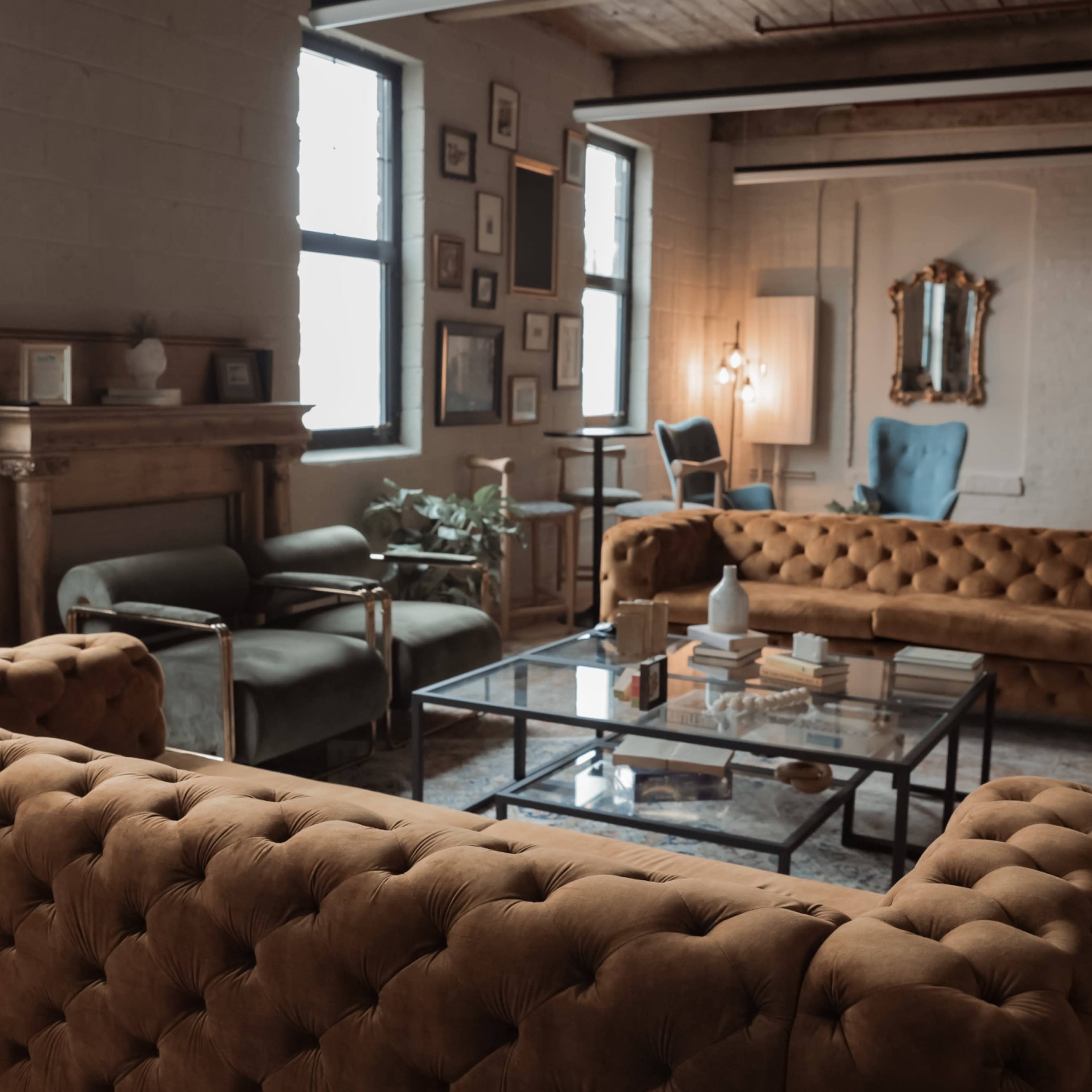 A spacious living room featuring tufted yellow sofas, a glass coffee table, and various framed artworks on the walls.
